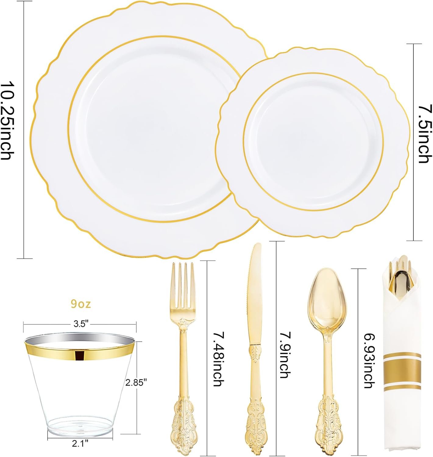 Wholesale 350PCS Disposable White Gold Plastic Plates for 50 Guests Baroque Dinnerware 100 Plates 50 Pre-Rolled Napkins with Silverware 50 Cups Wedding New Years Supplier