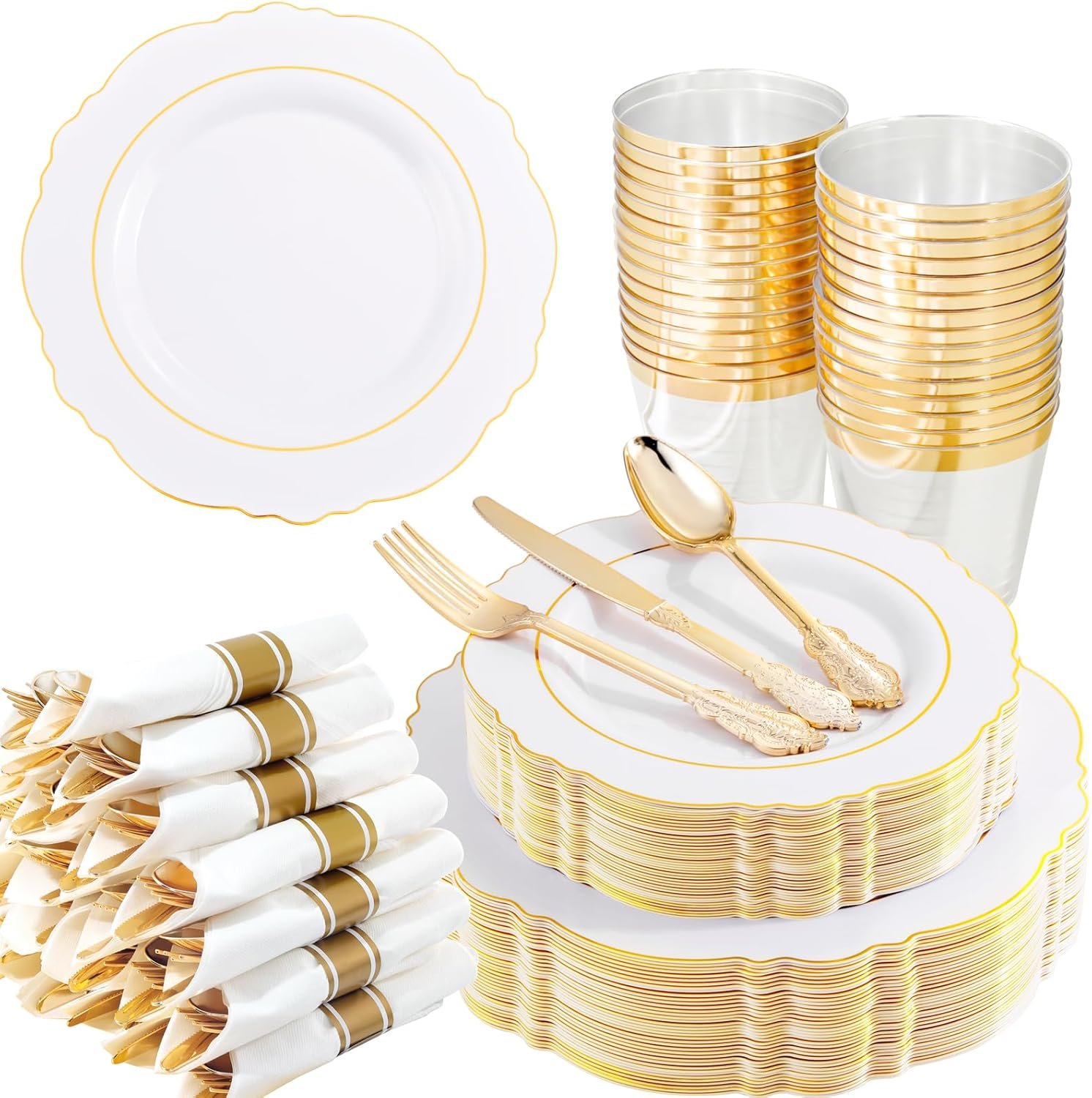 Liacere 350PCS Gold Plastic Plates-Disposable White and Gold Plates 50guest Baroque Plastic Dinnerware include 100Plates, 50Pack Pre Rolled Napkins with Silverware 50Cups for Wedding&New Years