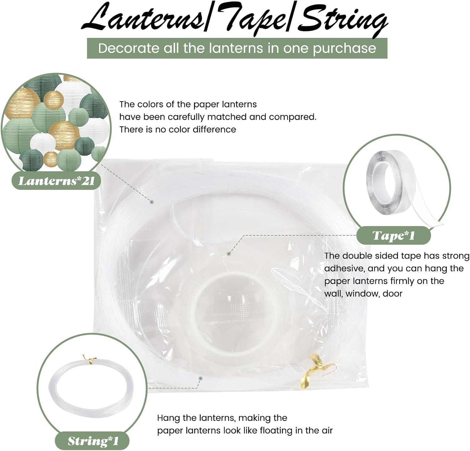 Wholesale 21Pcs Sage Green Hanging Round Paper Lanterns 4