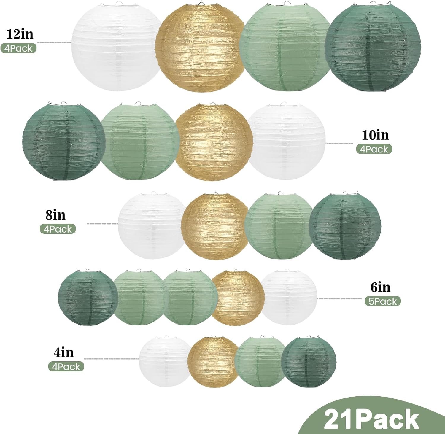Wholesale 21Pcs Sage Green Hanging Round Paper Lanterns 4