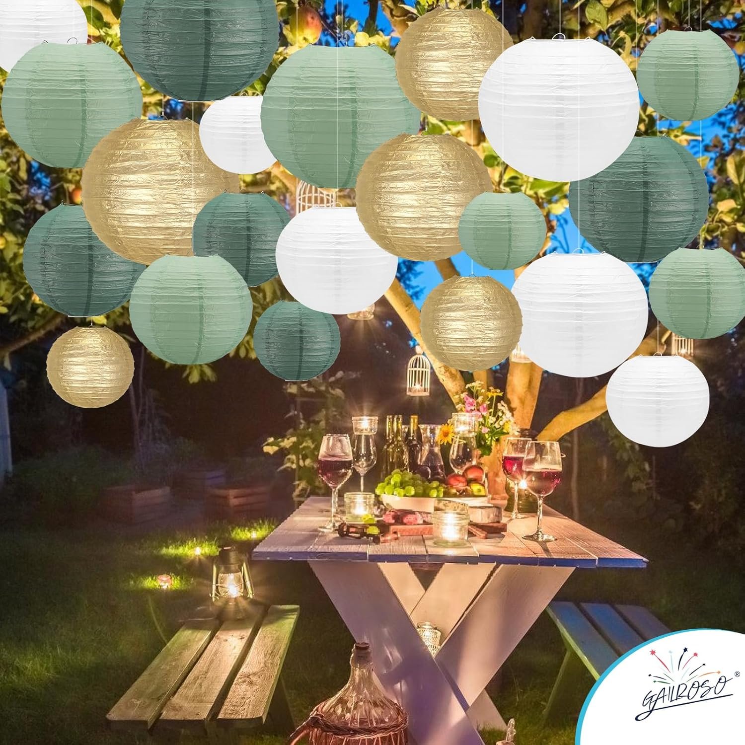 Wholesale 21Pcs Sage Green Hanging Round Paper Lanterns 4