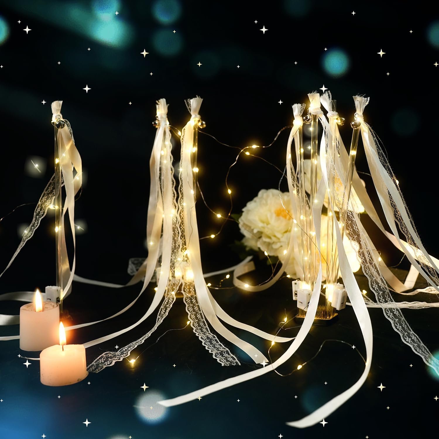 Wholesale 48pcs Wedding Sparklers Send Off Light Up Fairy Ribbon Wands White Glow Sticks with Bells Reception Birthday LED Party Church Exit Recessional Props Supplier