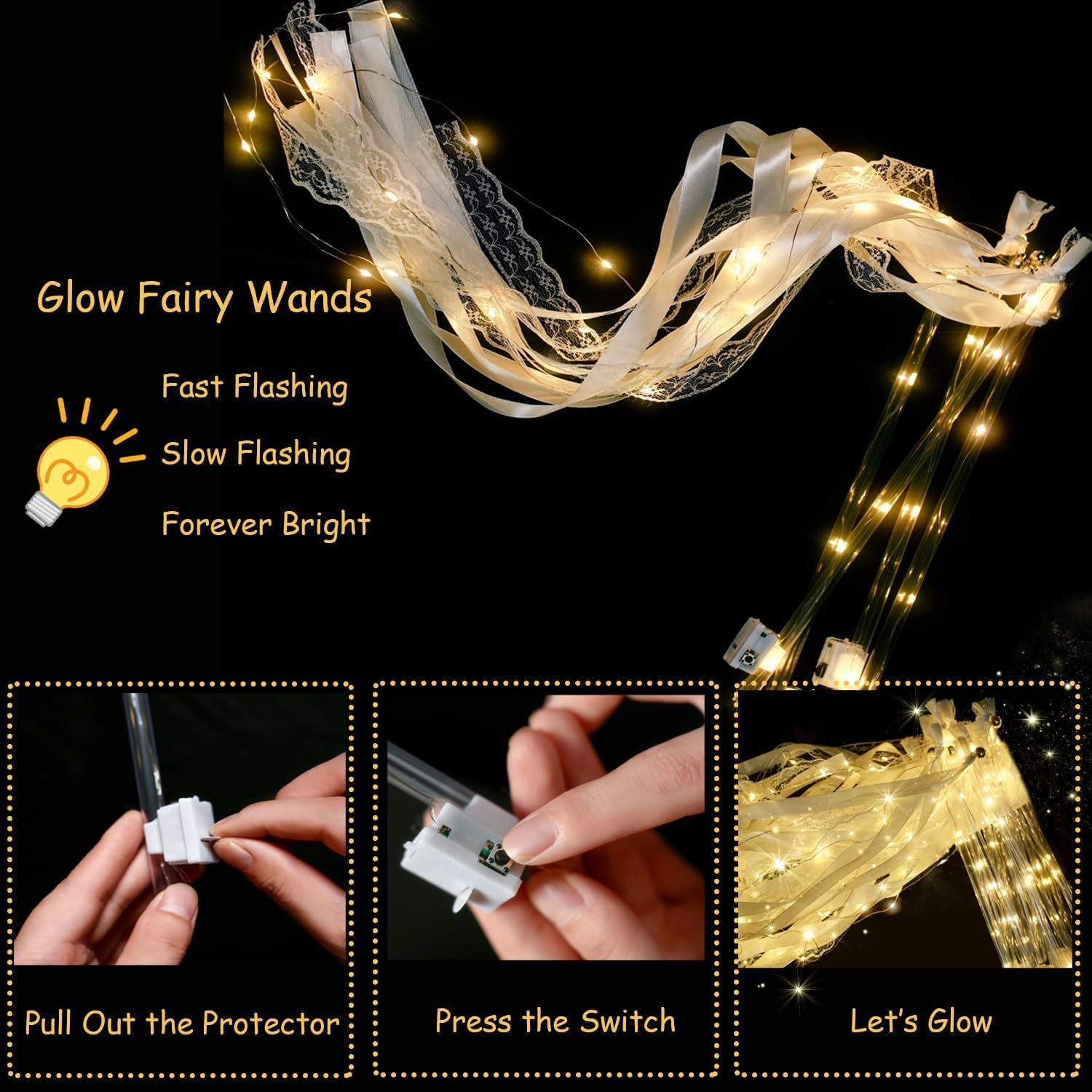 Wholesale 48pcs Wedding Sparklers Send Off Light Up Fairy Ribbon Wands White Glow Sticks with Bells Reception Birthday LED Party Church Exit Recessional Props Supplier