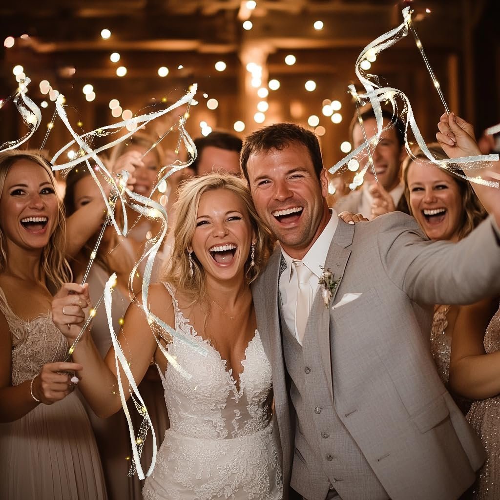Wholesale 48pcs Wedding Sparklers Send Off Light Up Fairy Ribbon Wands White Glow Sticks with Bells Reception Birthday LED Party Church Exit Recessional Props Supplier
