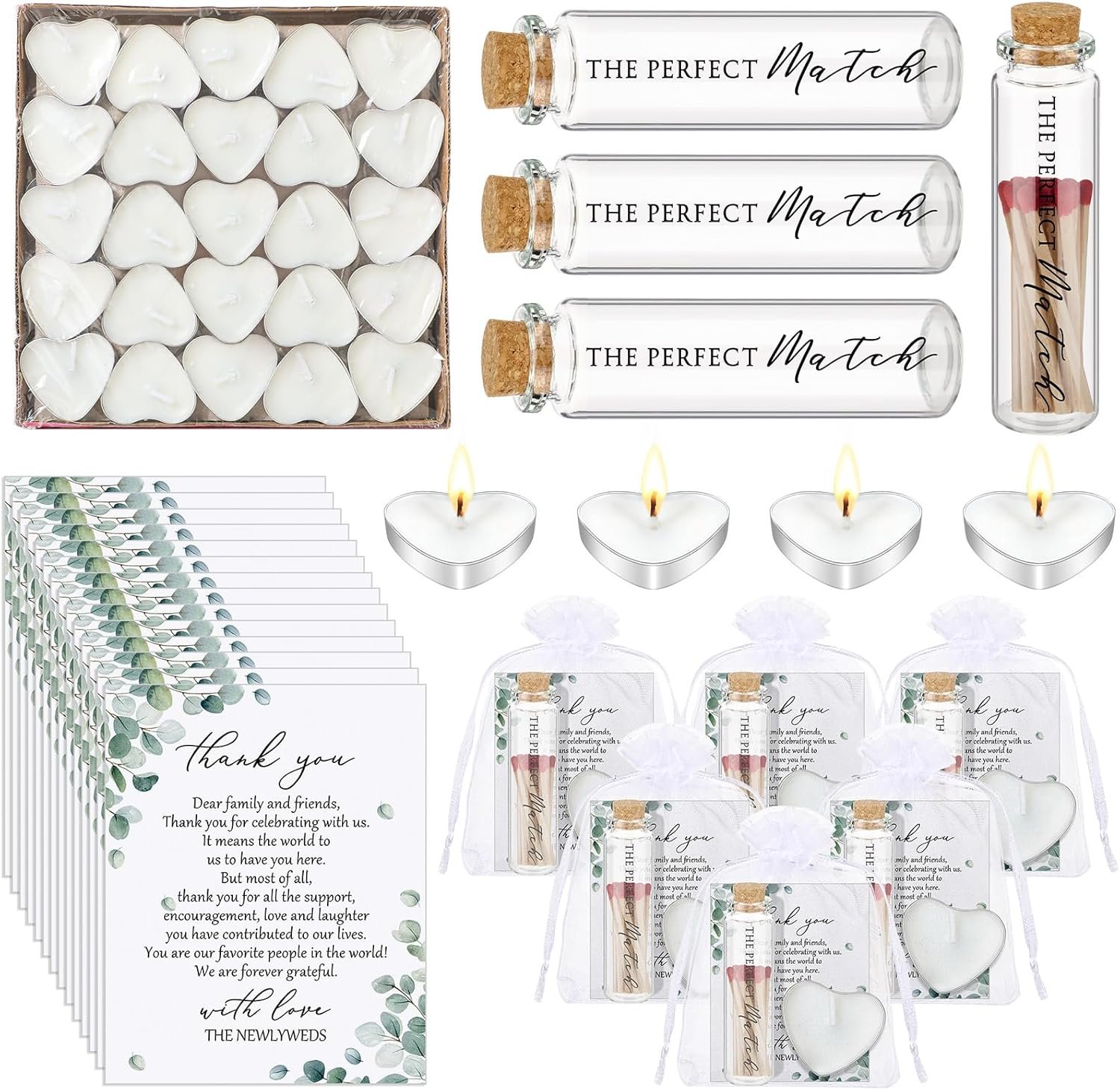 50 Sets Wedding Party Favors for Guests Bulk Including Mini Heart Shaped Candles and Empty Matches Jars with Cork Top Thank You Cards and Organza Bags for Wedding Bridal Shower Party Souvenir