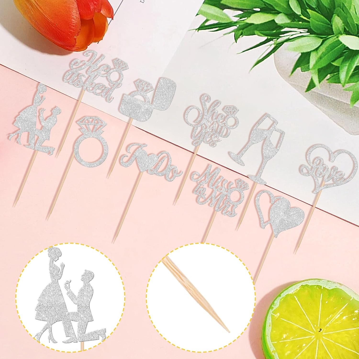 Wholesale 30 PCS He Asked She Said Yes Engagement Cupcake Toppers Miss to Mrs I Do Love Heart Ring Cupcake Picks Wedding Party Cake Decorations Silver Supplier