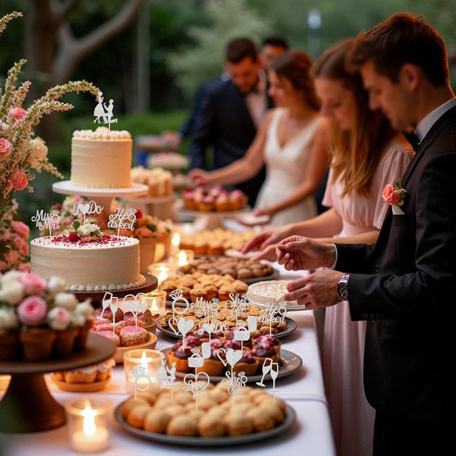 Wholesale 30 PCS He Asked She Said Yes Engagement Cupcake Toppers Miss to Mrs I Do Love Heart Ring Cupcake Picks Wedding Party Cake Decorations Silver Supplier