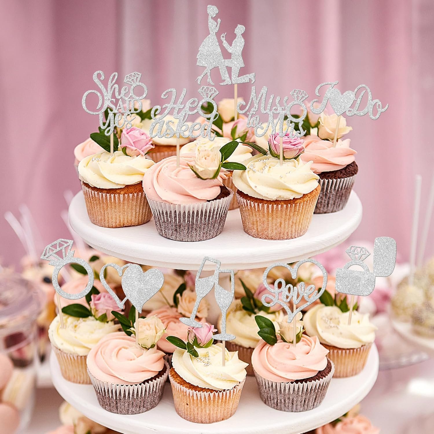 Wholesale 30 PCS He Asked She Said Yes Engagement Cupcake Toppers Miss to Mrs I Do Love Heart Ring Cupcake Picks Wedding Party Cake Decorations Silver Supplier