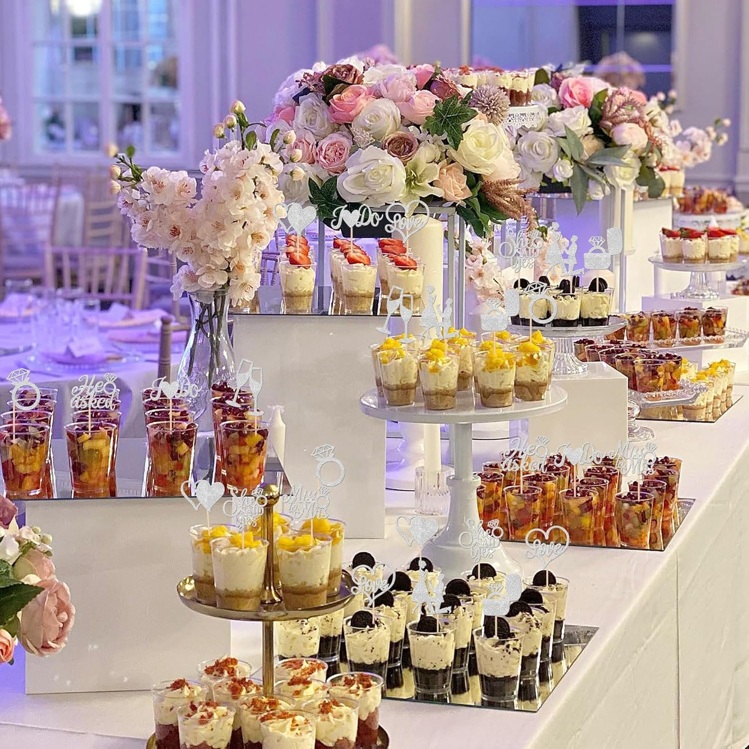 Wholesale 30 PCS He Asked She Said Yes Engagement Cupcake Toppers Miss to Mrs I Do Love Heart Ring Cupcake Picks Wedding Party Cake Decorations Silver Supplier