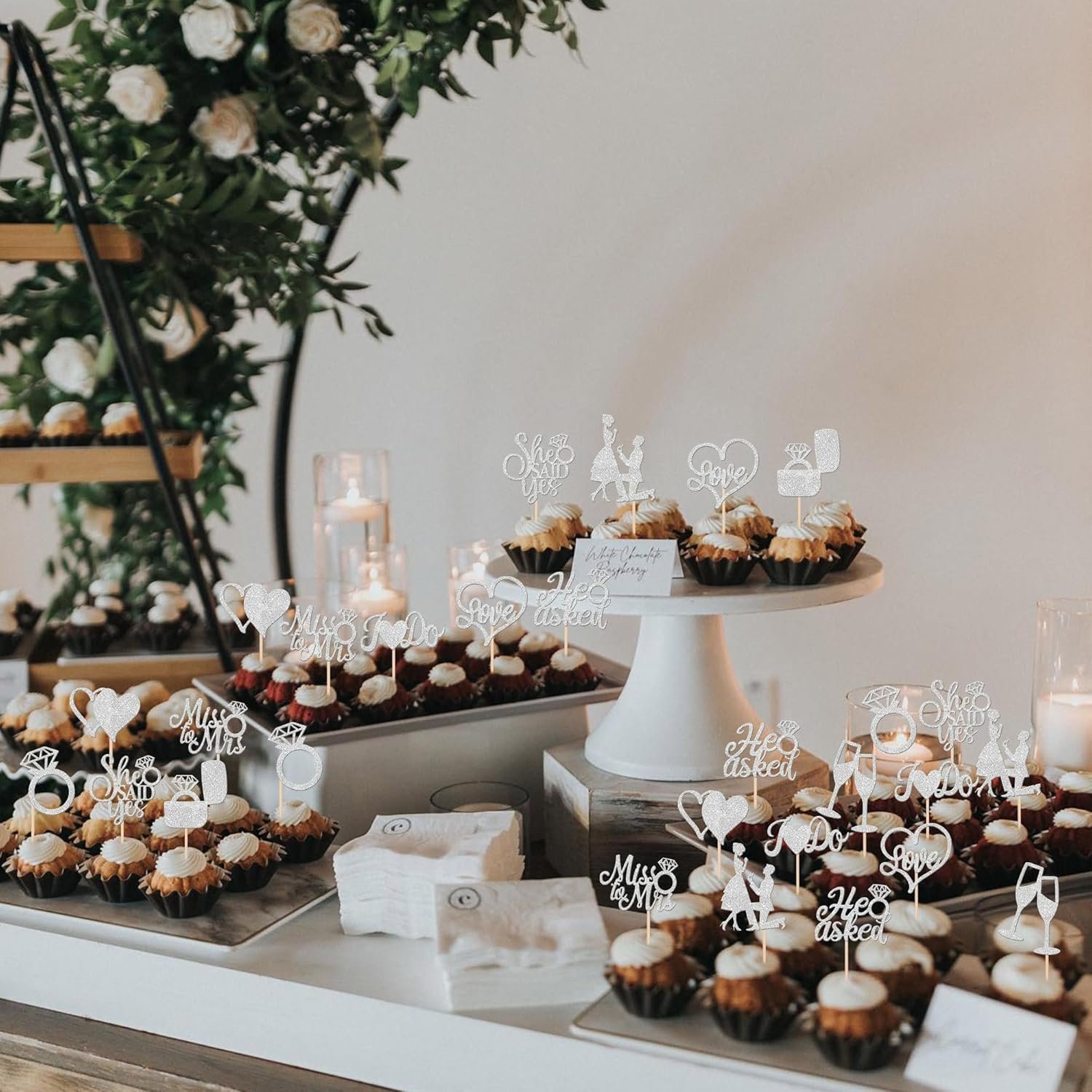 Wholesale 30 PCS He Asked She Said Yes Engagement Cupcake Toppers Miss to Mrs I Do Love Heart Ring Cupcake Picks Wedding Party Cake Decorations Silver Supplier