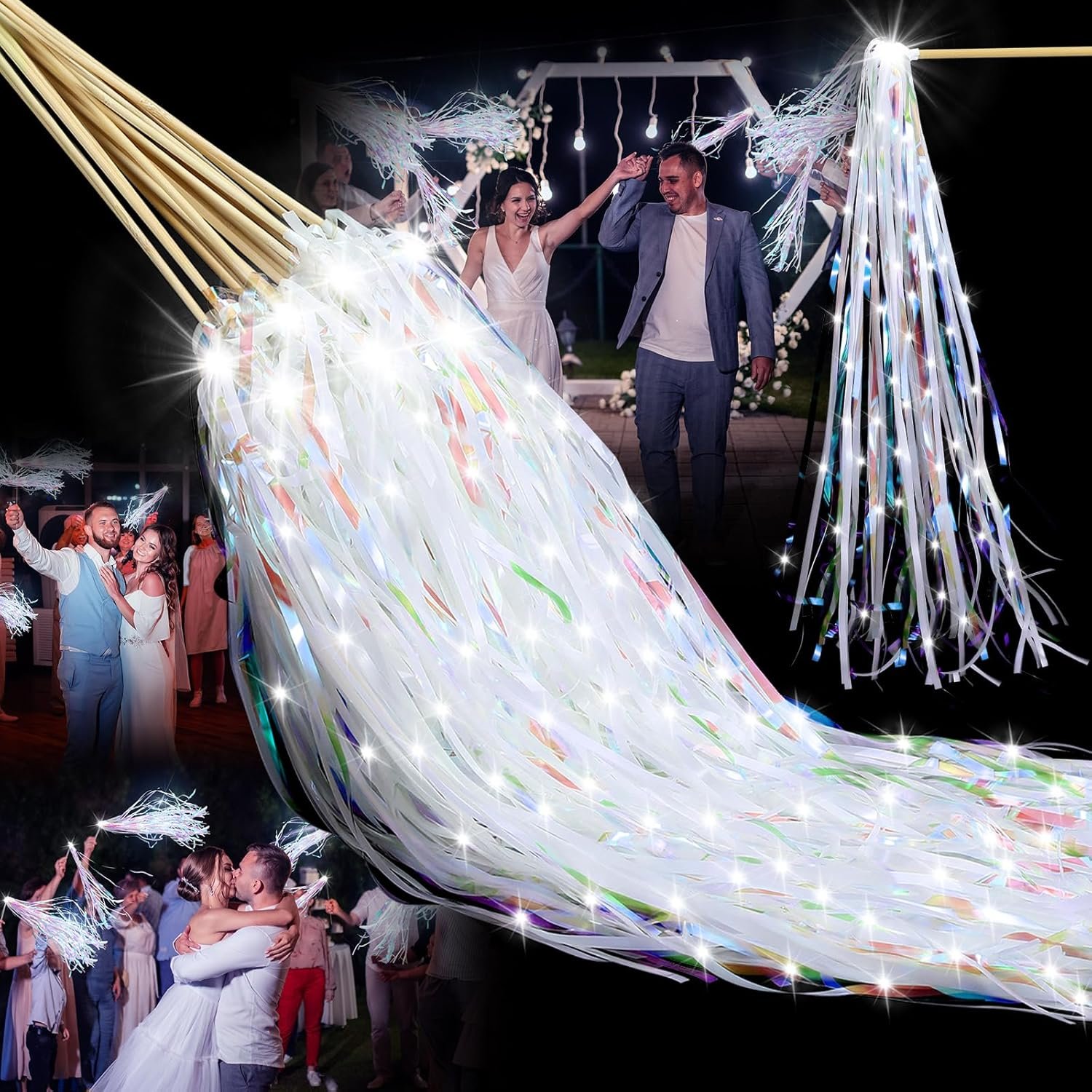 24 Pcs Lighted Wedding Wands LED Tinsel Wands Light up Streamers Sparklers for Wedding Send Off and Exits Birthday Party Props Favors(White Tinsel)