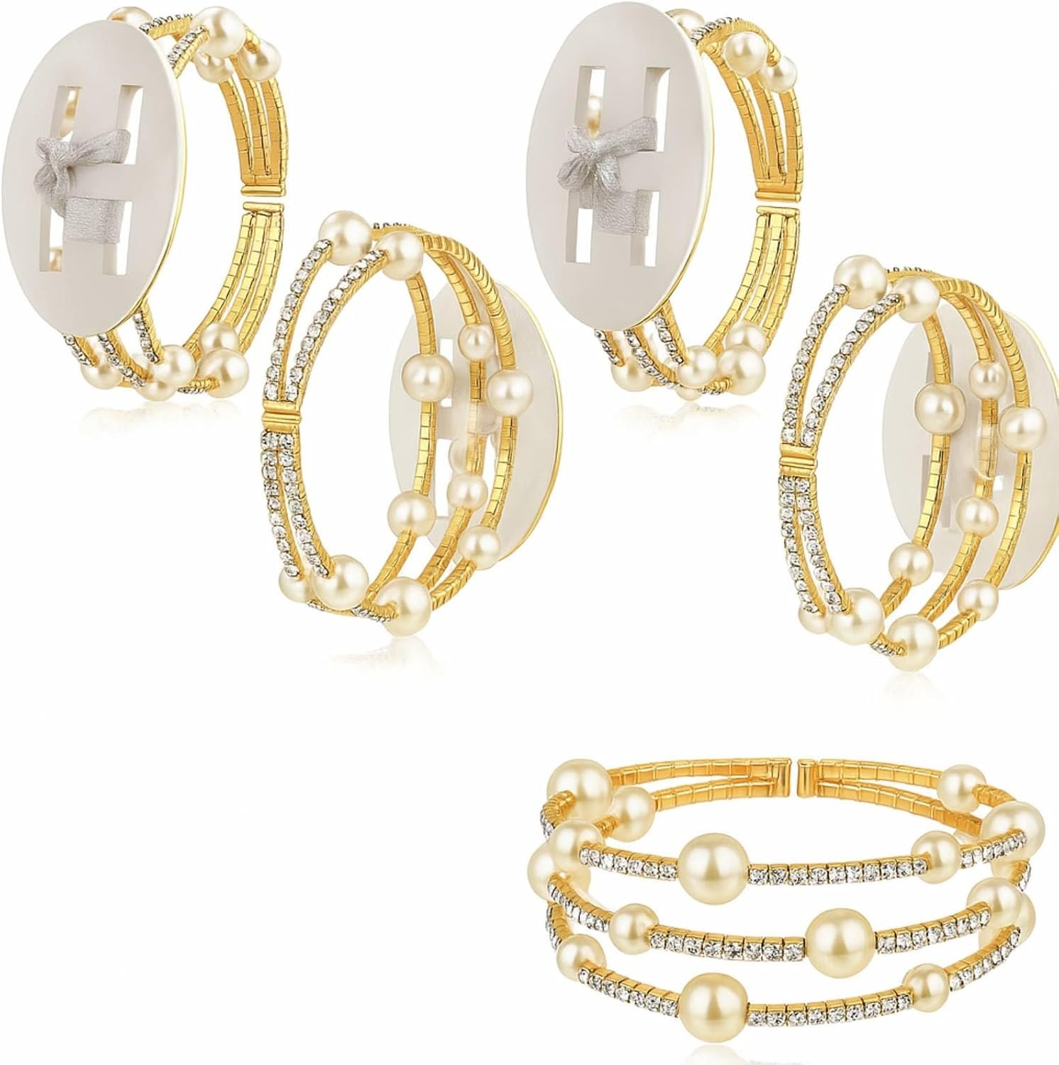 Hotop 4 Pcs Corsage Wrist Bracelet Bands Bride Pearl Rhinestone Bracelet Elastic Wrist Corsage DIY Wedding Wristband Faux Pearl Adjustable Wristband Accessory for Bridal Party Prom (Gold)