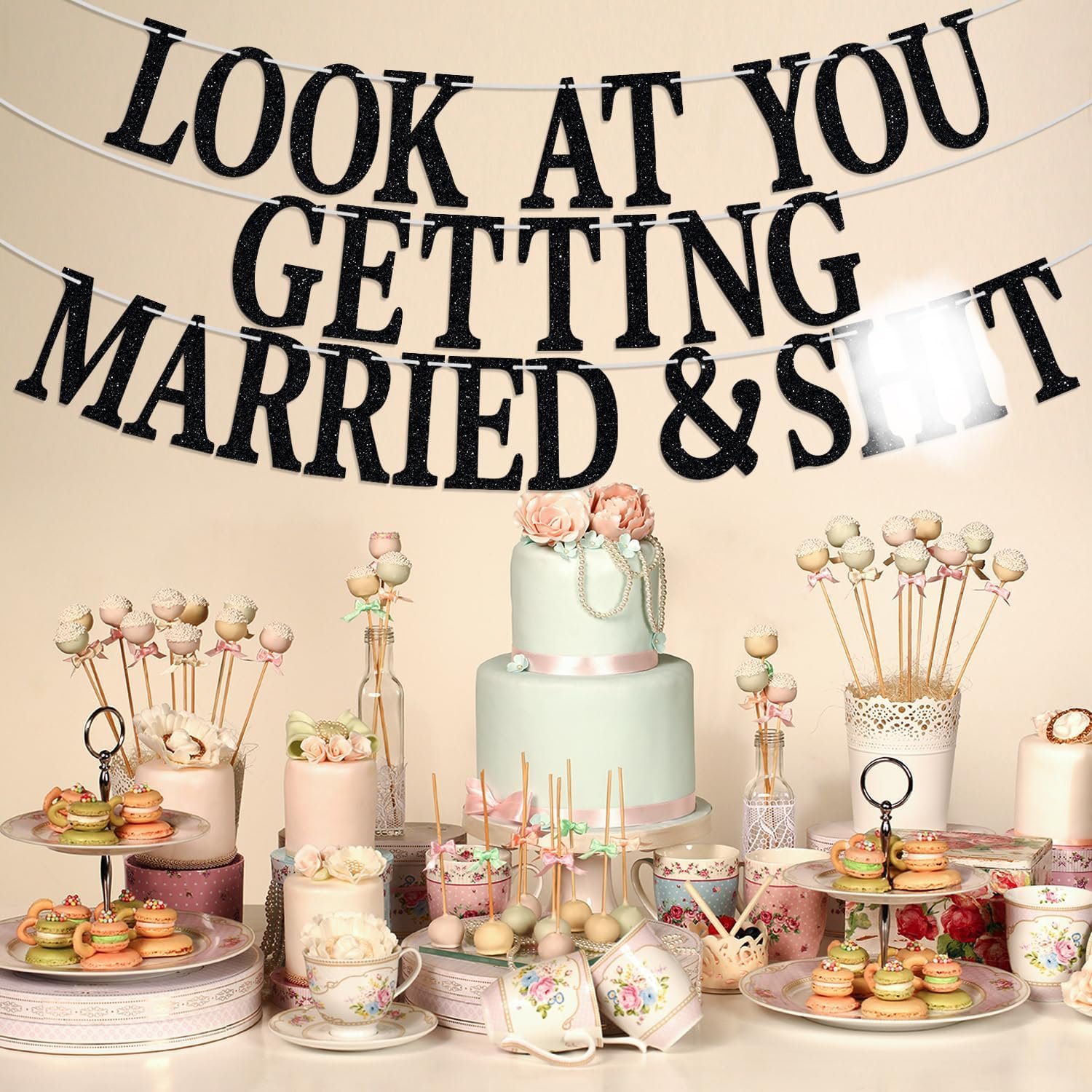 Wholesale Black Glitter Look at You Getting Married Banner Backdrop Wedding Engagement Bridal Shower Party Decorations Supplier