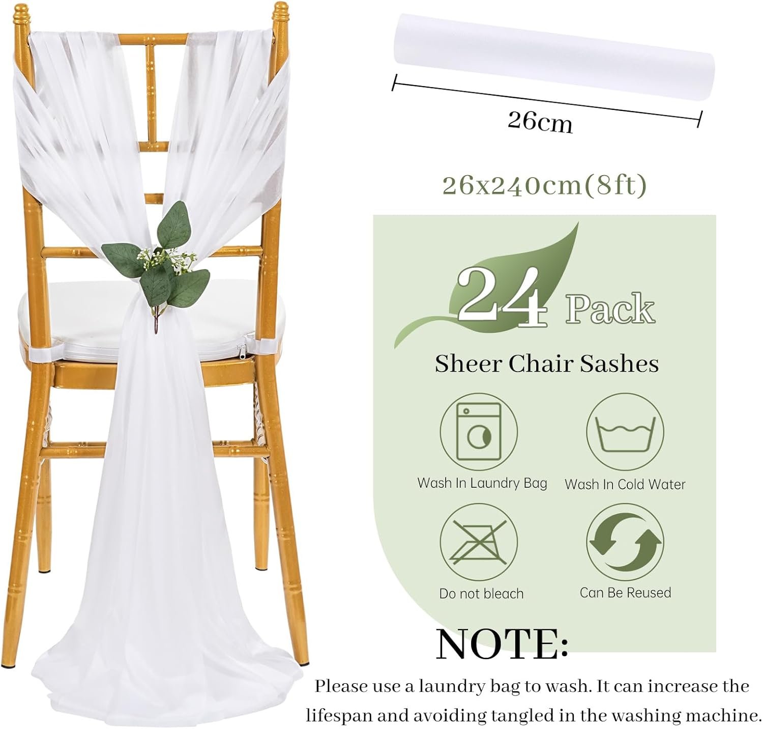 Wholesale White Chair Sashes Wedding Aisle Decorations 24 Packs 8ft Long Sheer Draping Fabric Church Chair Covers Bulk for Party Banquet Supplier