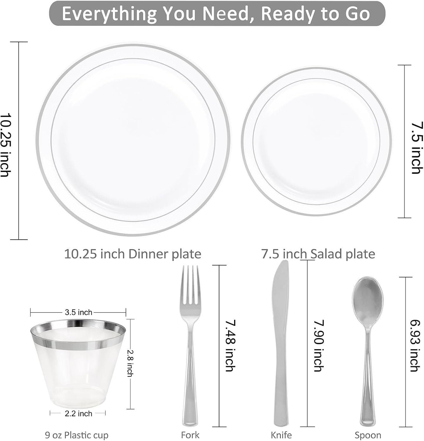 Wholesale 350-Piece Silver Plastic Disposable Dinnerware Set 10.25