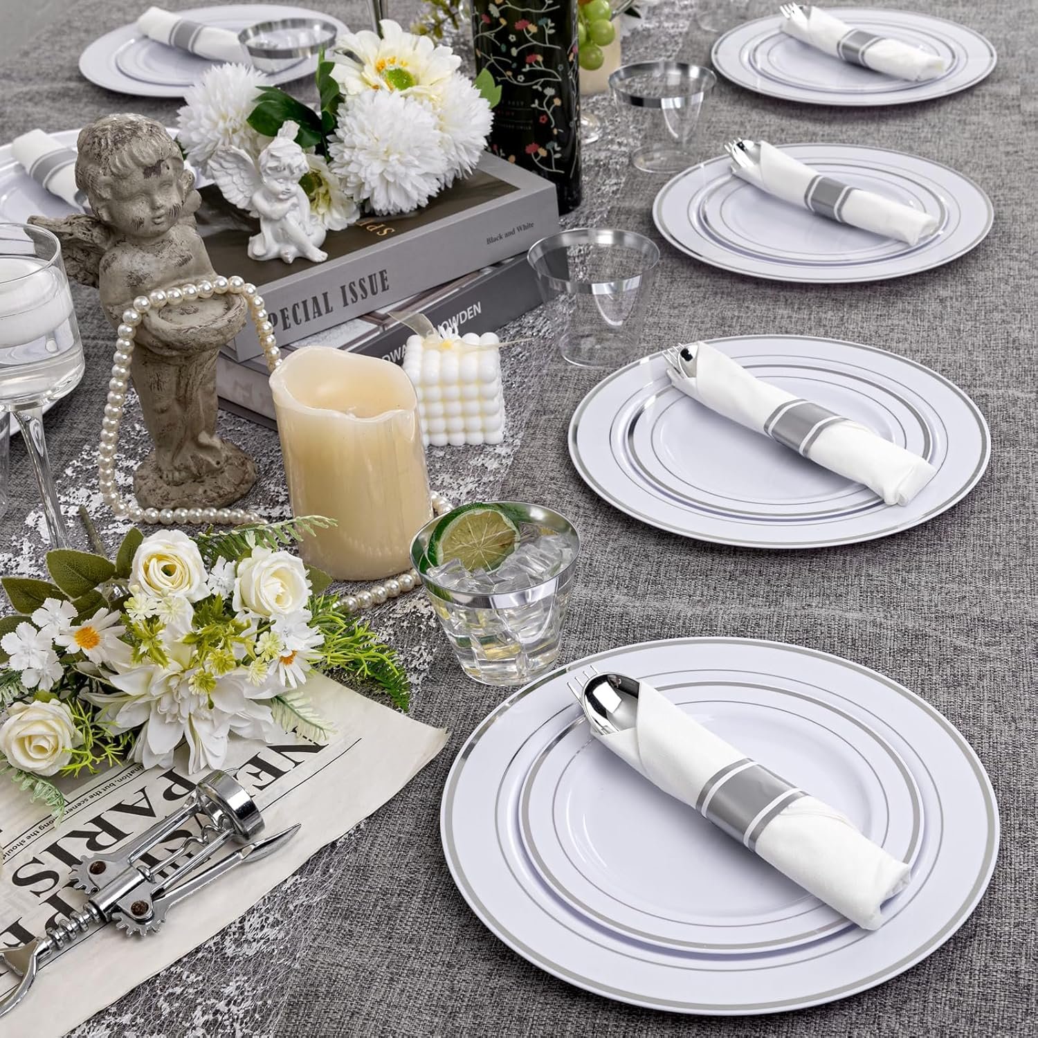 Wholesale 350-Piece Silver Plastic Disposable Dinnerware Set 10.25