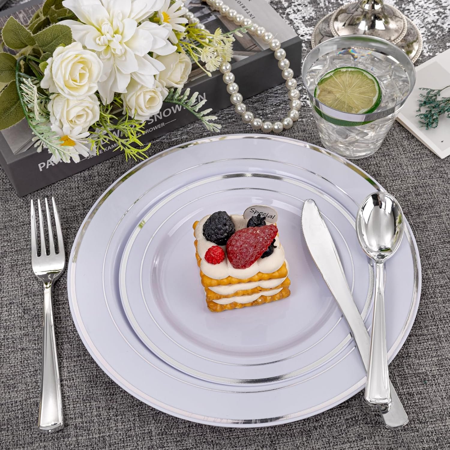 Wholesale 350-Piece Silver Plastic Disposable Dinnerware Set 10.25