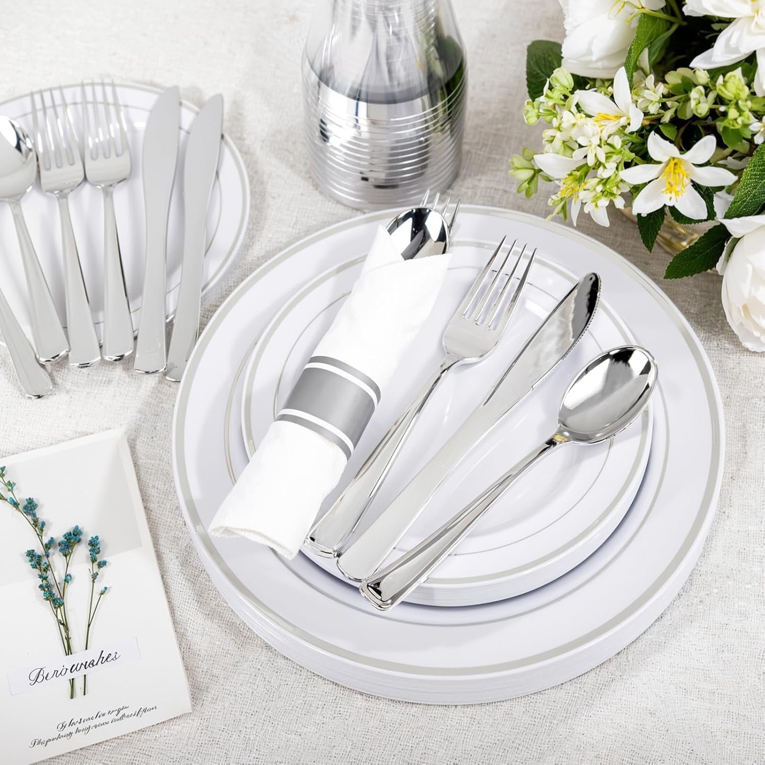 Wholesale 350-Piece Silver Plastic Disposable Dinnerware Set 10.25