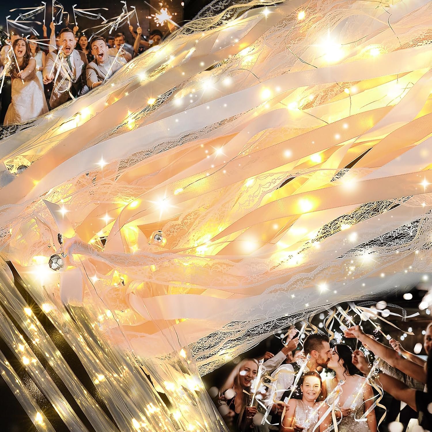 100 PCS Wedding Wands with Lights,Fairy Wands, LED Silk Fairy Wand with Bells for Wedding Send Off, New Year, Raves, Concert, Birthday