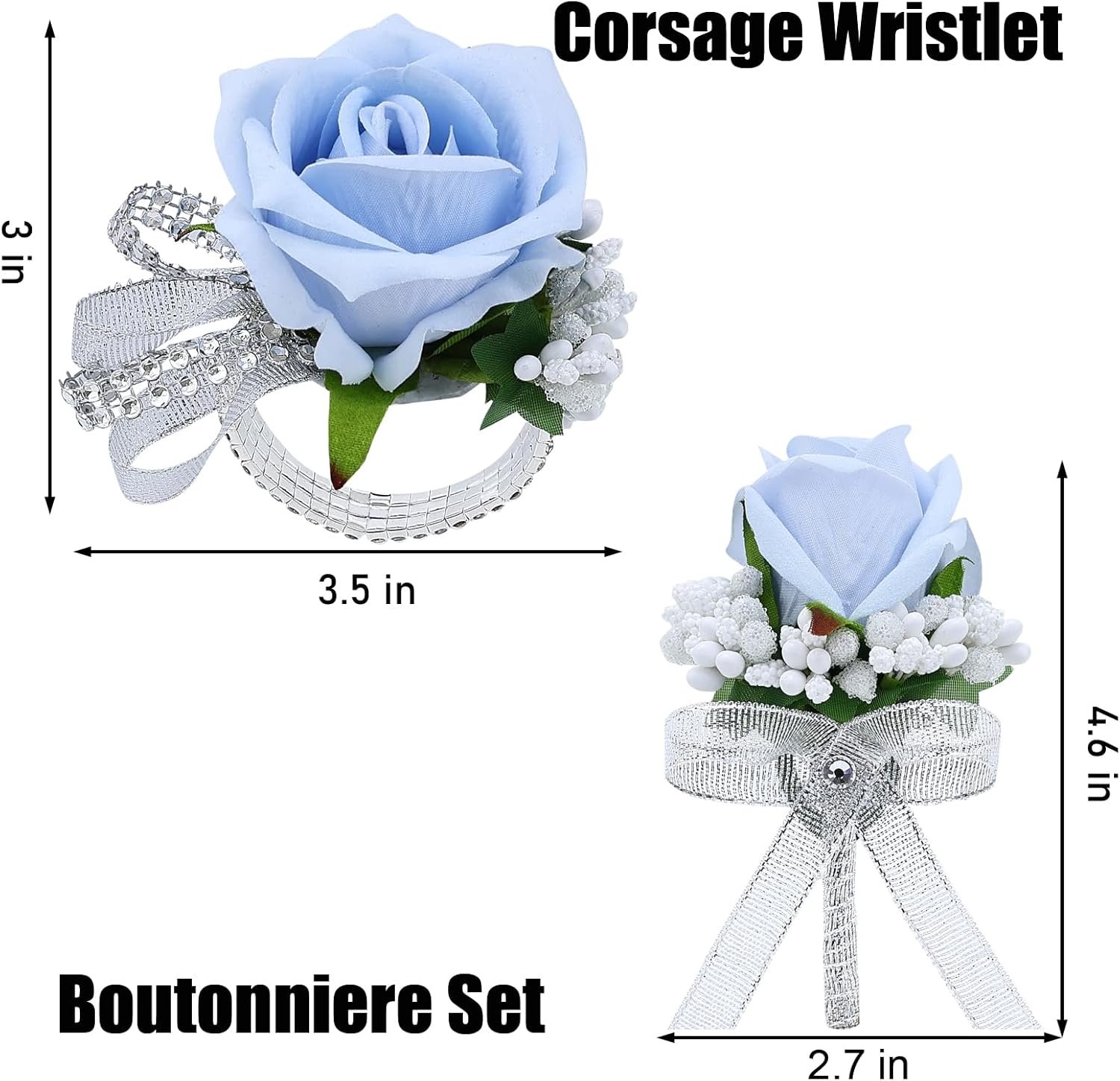 Wholesale 2Pcs Light Blue Rose Corsage Boutonniere Set Artificial Wrist Corsage Wristlet Bracelets Mens Boutonniere Wedding Party Homecoming Prom Formal Dinner Flowers Accessories Supplier