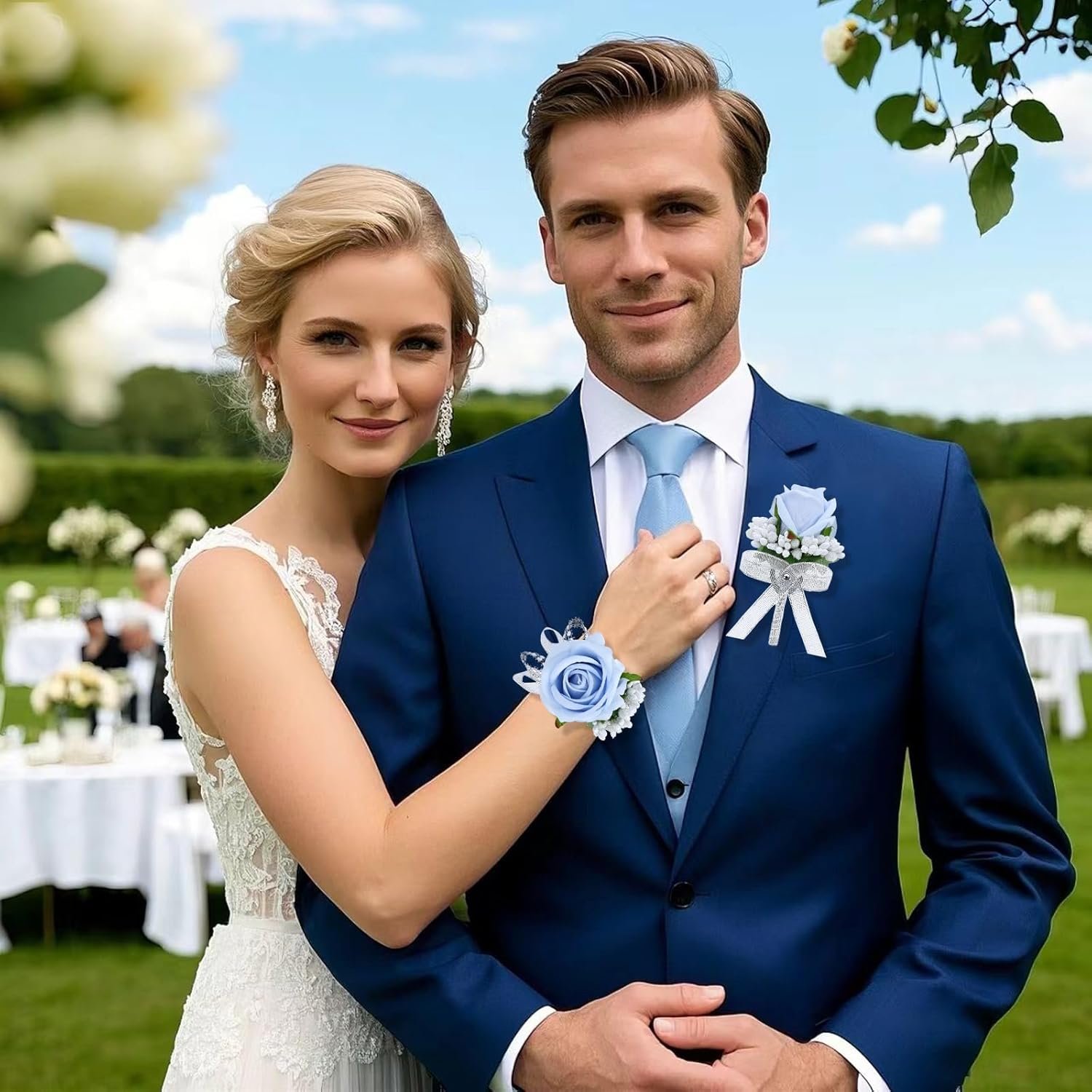 Wholesale 2Pcs Light Blue Rose Corsage Boutonniere Set Artificial Wrist Corsage Wristlet Bracelets Mens Boutonniere Wedding Party Homecoming Prom Formal Dinner Flowers Accessories Supplier