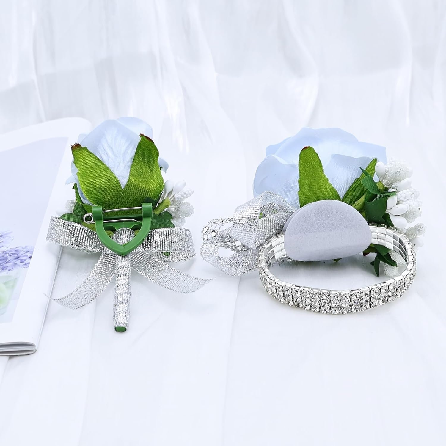 Wholesale 2Pcs Light Blue Rose Corsage Boutonniere Set Artificial Wrist Corsage Wristlet Bracelets Mens Boutonniere Wedding Party Homecoming Prom Formal Dinner Flowers Accessories Supplier