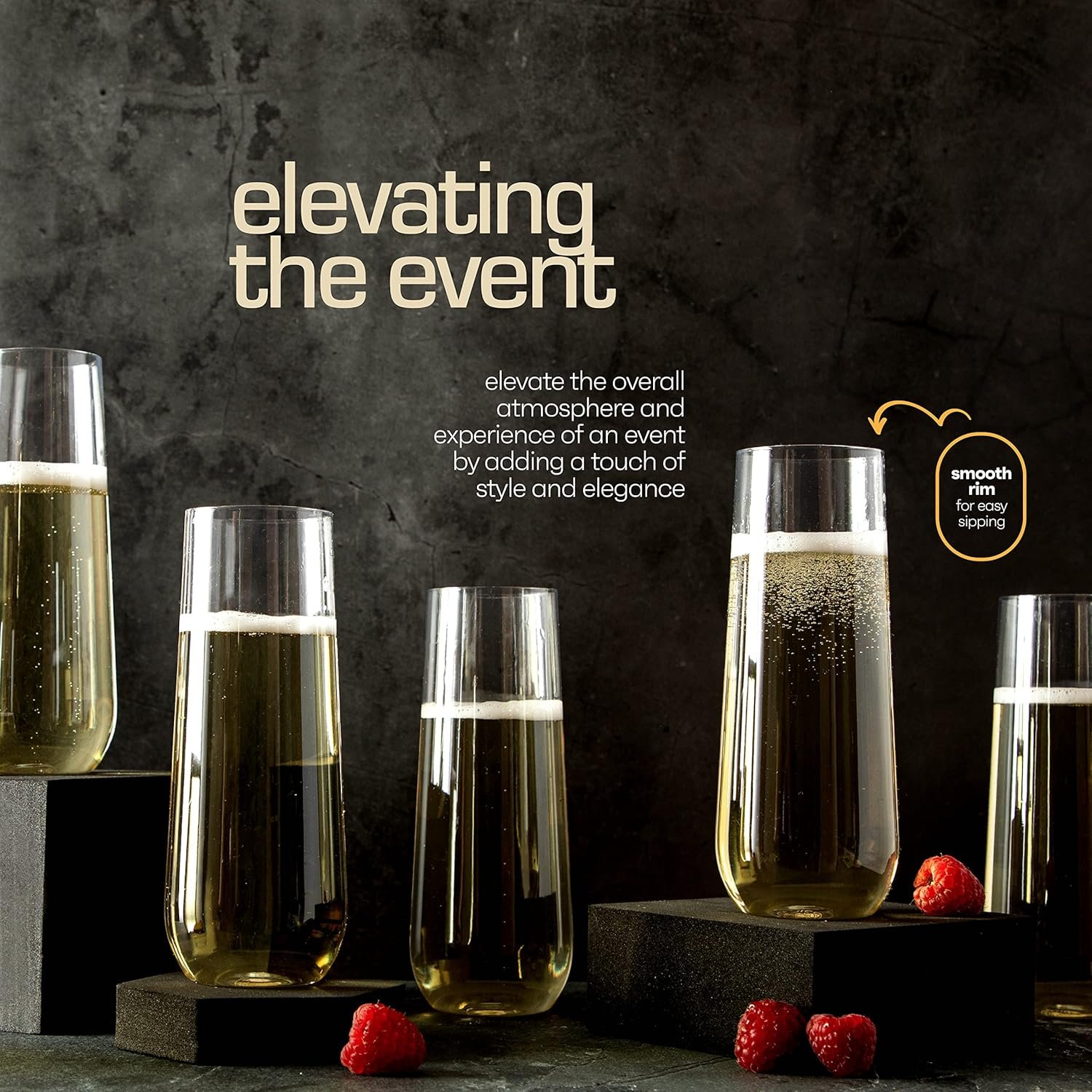 Wholesale 48 Pack 9oz Clear Stemless Plastic Champagne Flutes Shatterproof Durable Mimosa Glasses Recyclable BPA-Free Smooth Rims Supplier