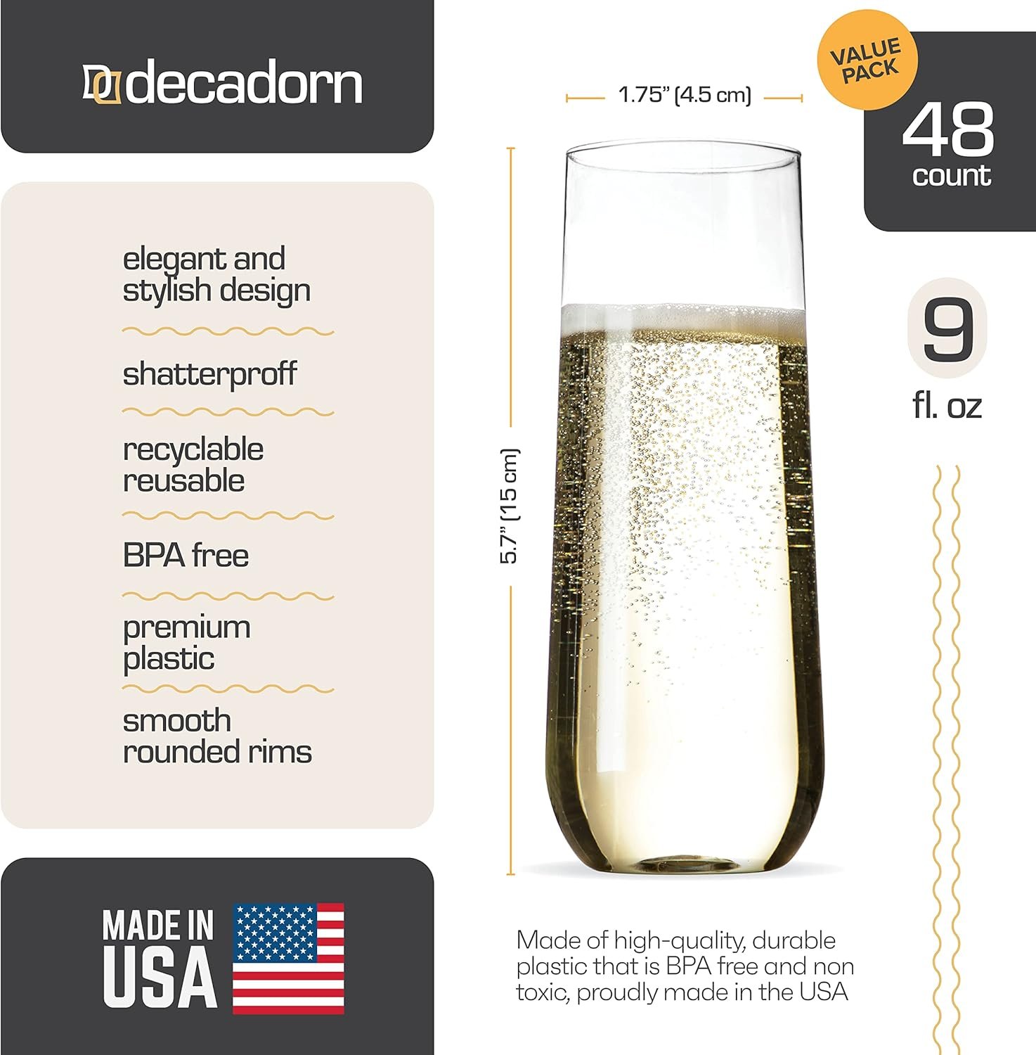 Wholesale 48 Pack 9oz Clear Stemless Plastic Champagne Flutes Shatterproof Durable Mimosa Glasses Recyclable BPA-Free Smooth Rims Supplier