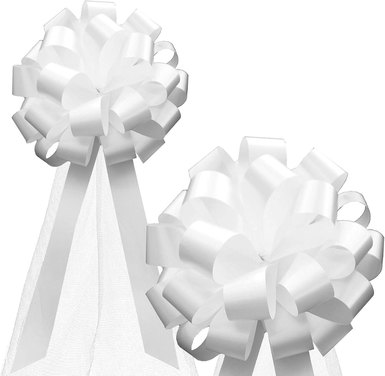 White Wedding Pull Bows with Tulle Tails - 8" Wide, Set of 6, Pew Bows, Reception, Valentine's Day, Birthday, Mother's Day, Anniversary, Event Decoration, Christmas