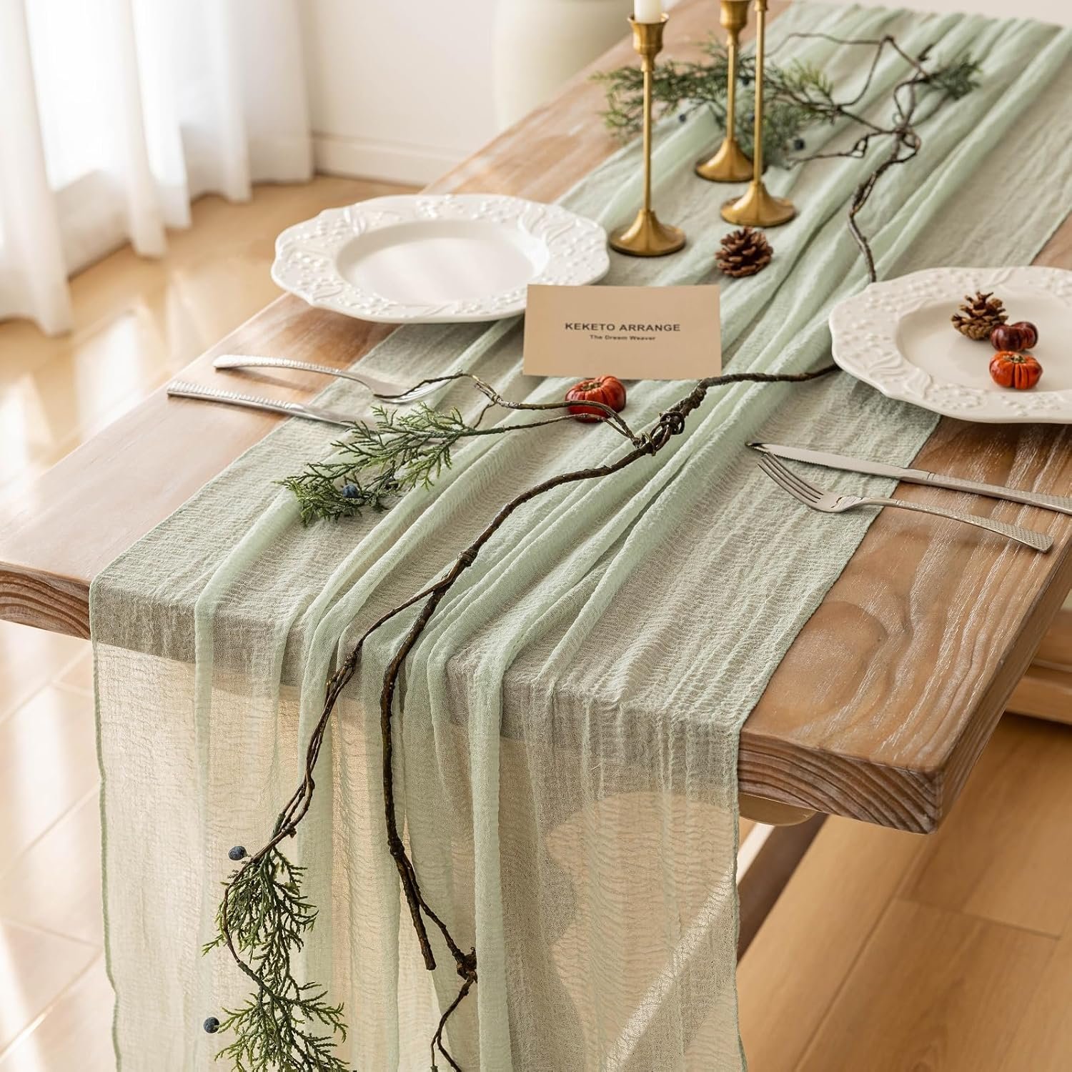 Keketoarrange Sage Green Spring Easter Cheesecloth Table Runner 120 Inch 10 FT Rustic Boho Cheese Cloth Runner for Wedding Baby Shower Bridal Shower Sheer Gauze Centerpiece Home Decorations