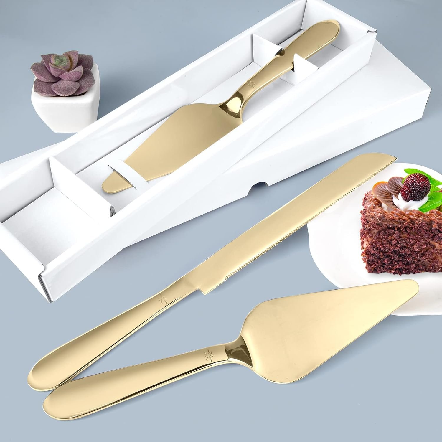 Wholesale 2 Pcs Gold Cake Knife Server Set Thickened Stainless Steel Rounded Edges Cake Cutter Pie Spatula Wedding Birthday Anniversary Christmas Supplier Wholesale 2 Pcs Gold Cake Knife Server Set Thickened Stainless Steel Rounded Edges Cake Cutter Pie Spatula Wedding Birthday Anniversary Christmas Supplier