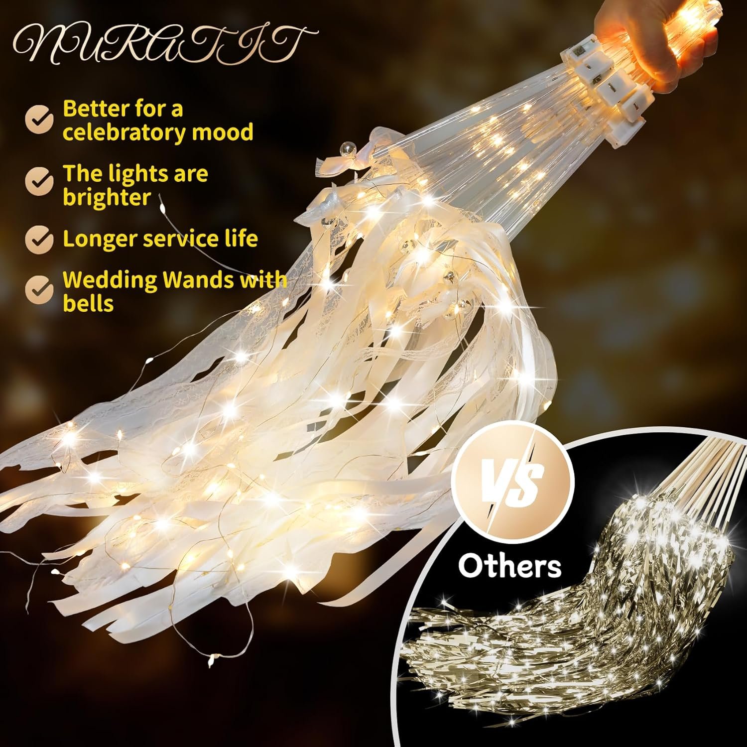 Wholesale 100PCS Light Up Wedding Wands Ribbons Bells Three Light Modes Romantic Sparkle Send Off New Year Birthday Parties Supplier