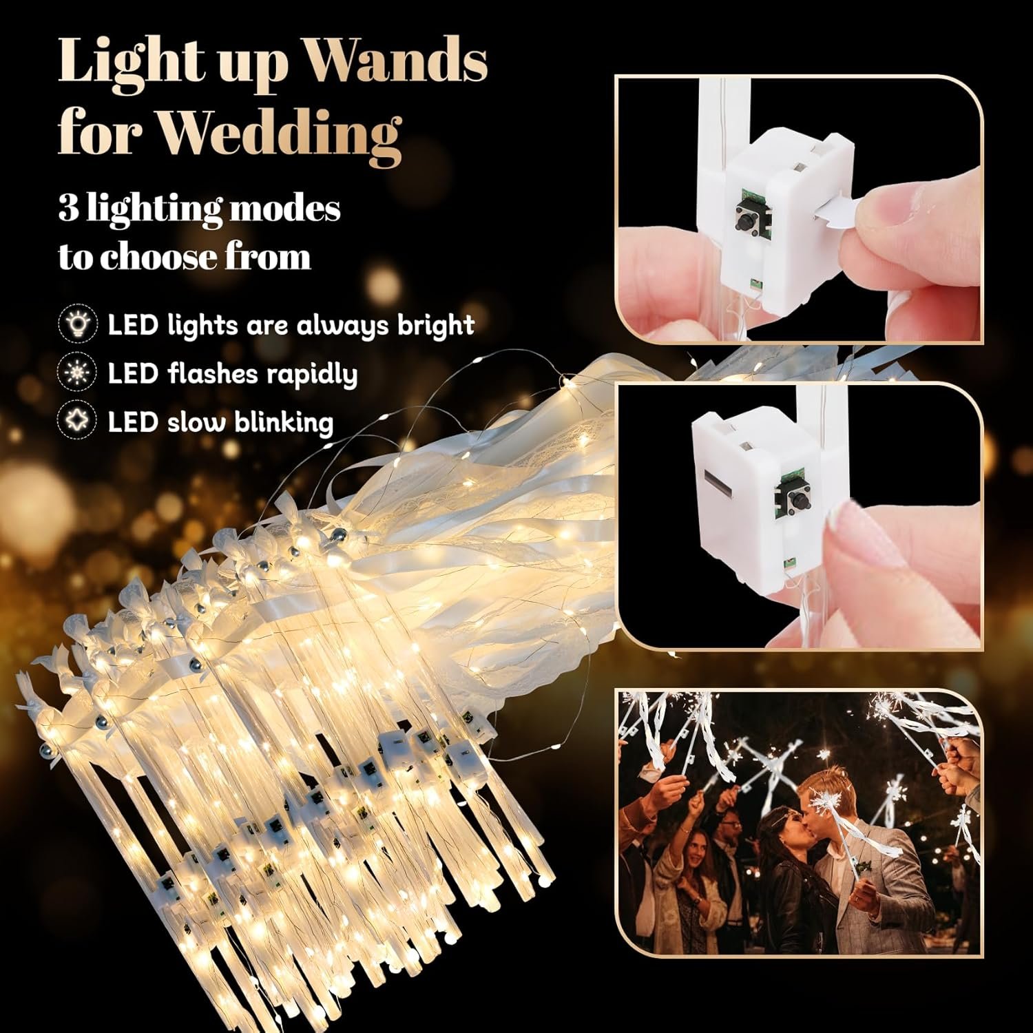 Wholesale 100PCS Light Up Wedding Wands Ribbons Bells Three Light Modes Romantic Sparkle Send Off New Year Birthday Parties Supplier