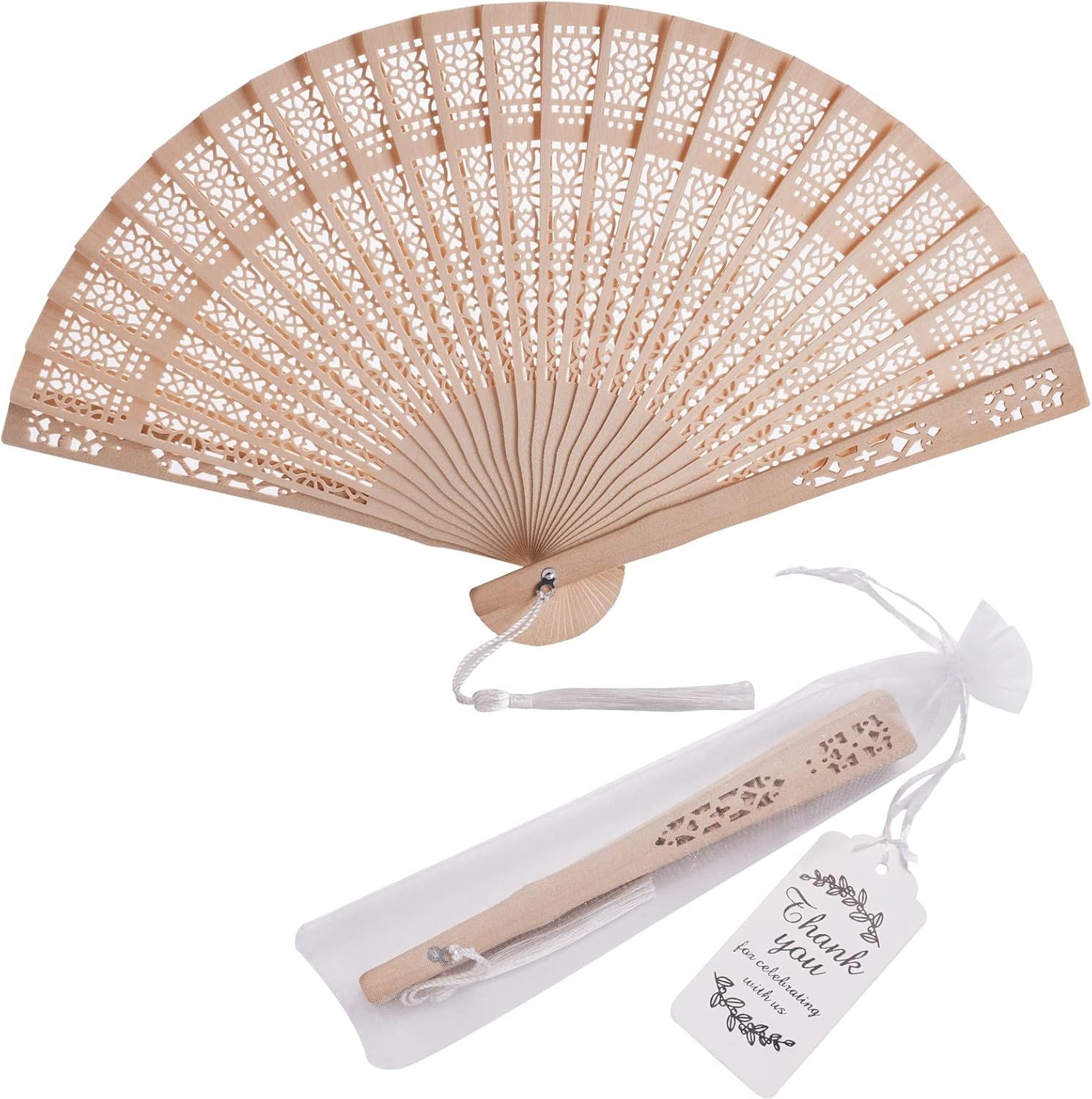50 Sets Wooden Hand Fan Wood Handheld Folding Fans with Organza Bags and Thank You Tag and Tassels Wedding Party Favors