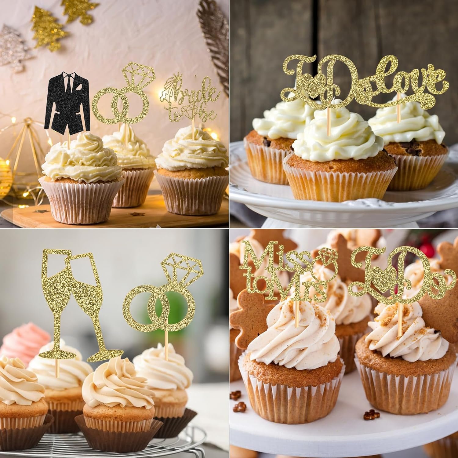Wholesale 60 Pcs Glitter Gold Bride to Be I Do Love Heart Ring Cupcake Toppers Picks for Bridal Shower Wedding Engagement Party Supplies Supplier