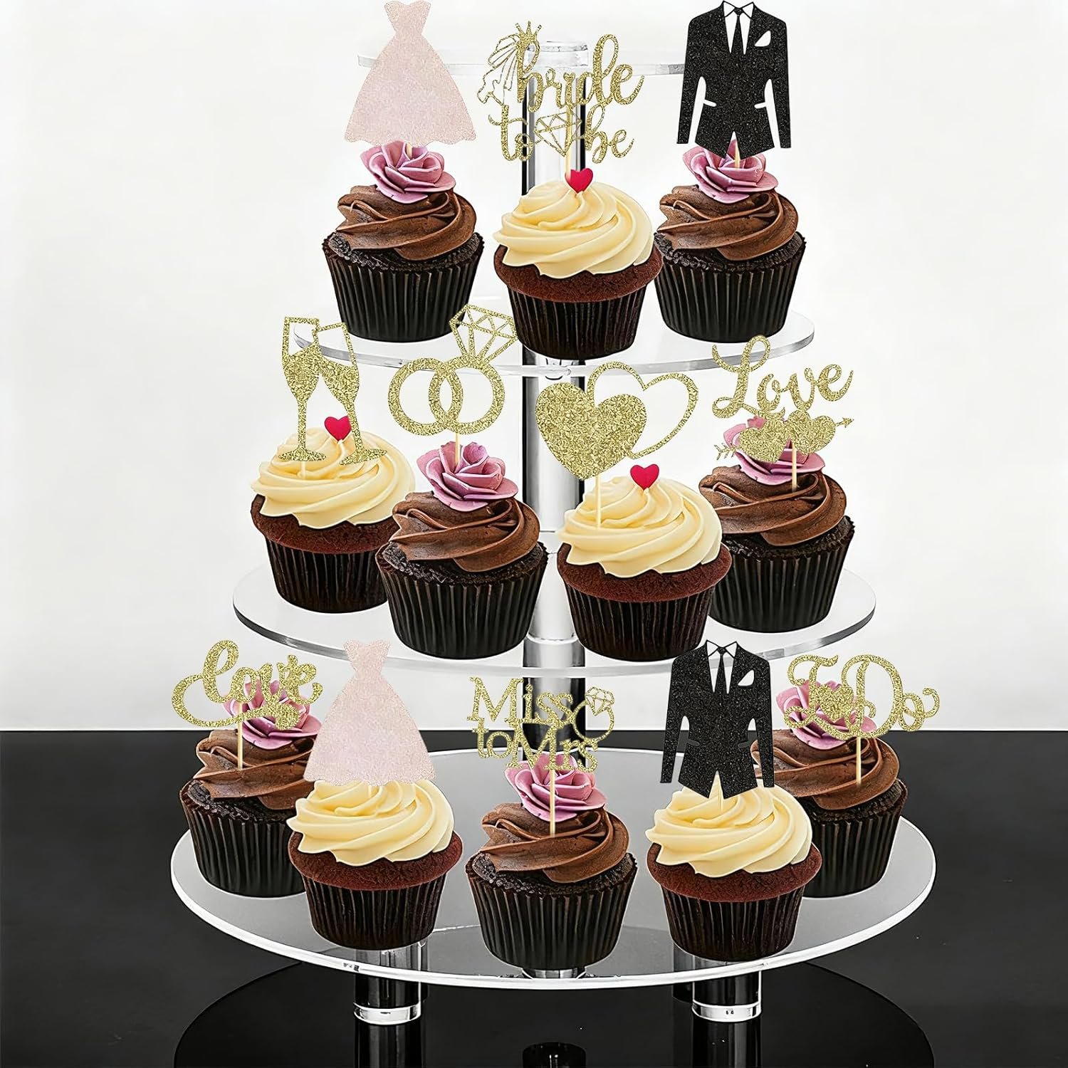 Wholesale 60 Pcs Glitter Gold Bride to Be I Do Love Heart Ring Cupcake Toppers Picks for Bridal Shower Wedding Engagement Party Supplies Supplier