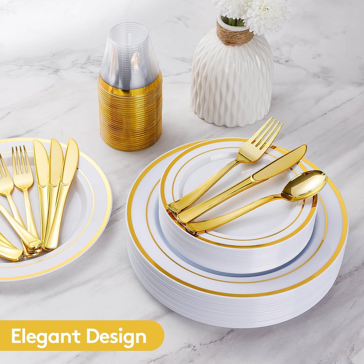 Wholesale 600 Pieces Gold Plastic Disposable Party Plates Dinnerware Set for 100 Guests 100 Dinner 100 Dessert Plates 100 Spoons 100 Forks 100 Knives 100 Cups Supplier