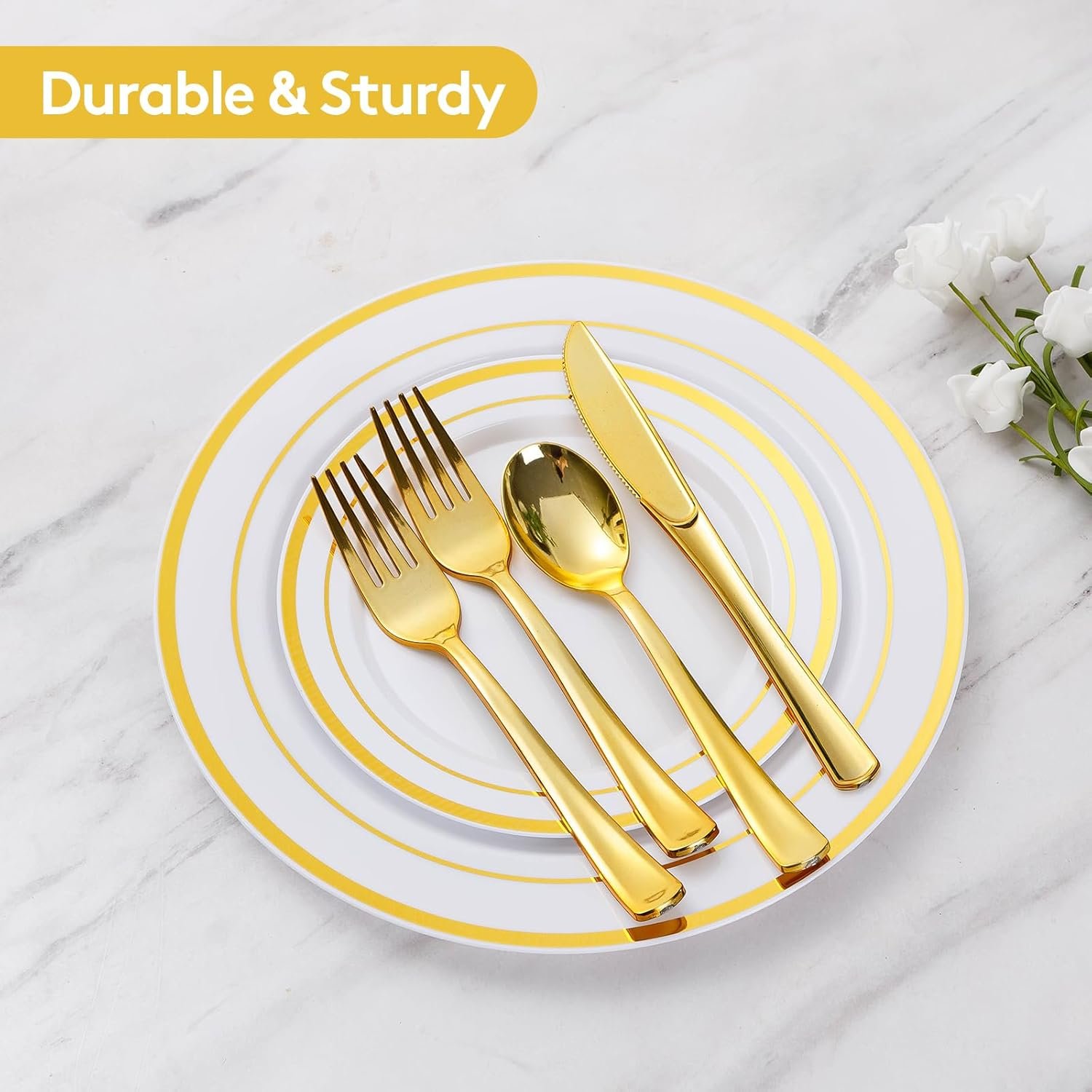 Wholesale 600 Pieces Gold Plastic Disposable Party Plates Dinnerware Set for 100 Guests 100 Dinner 100 Dessert Plates 100 Spoons 100 Forks 100 Knives 100 Cups Supplier