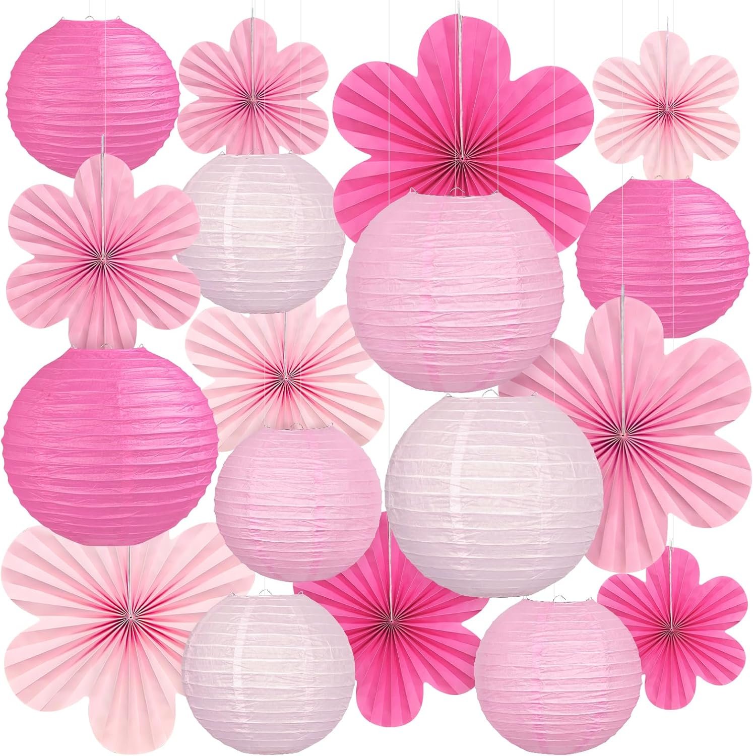 18Pcs Hanging Valentines Day Decorations for Ceiling, Hanging Paper Lanterns & Flower Fans (8"-14") for Girls Birthday, Baby Shower, Bridal, Wedding, Pink Party Decor