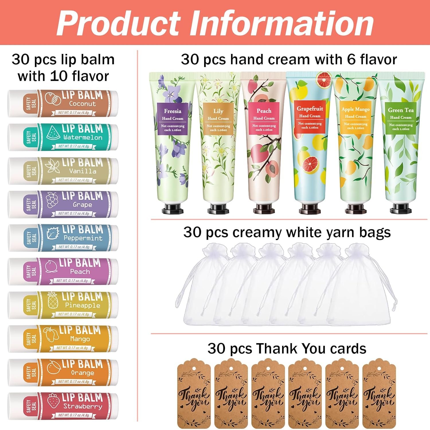 Wholesale 30 Sets Hand Cream Lip Balm with Organza Bag Thank You Card Baby Shower Wedding Bridal Favors for Women Supplier