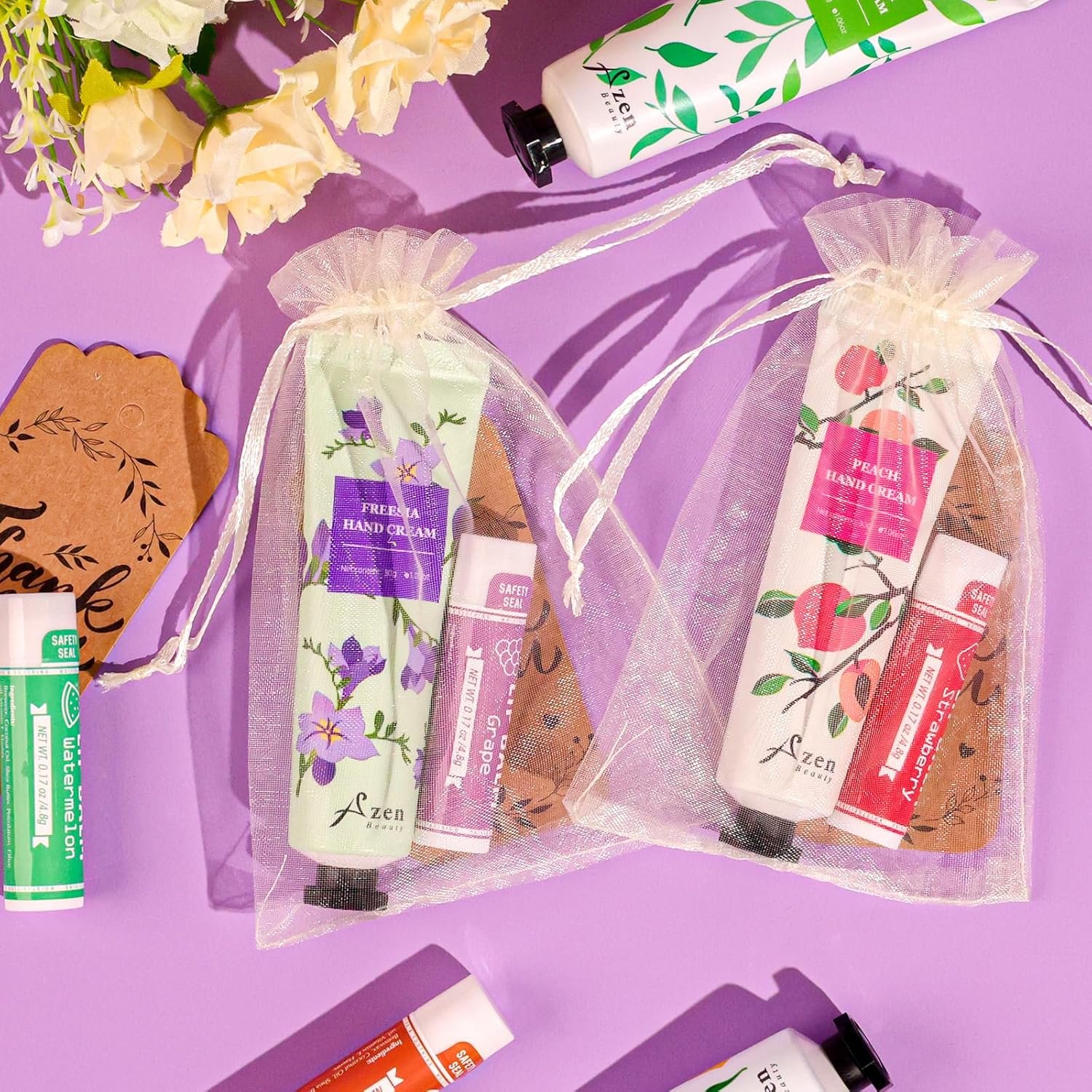 Wholesale 30 Sets Hand Cream Lip Balm with Organza Bag Thank You Card Baby Shower Wedding Bridal Favors for Women Supplier