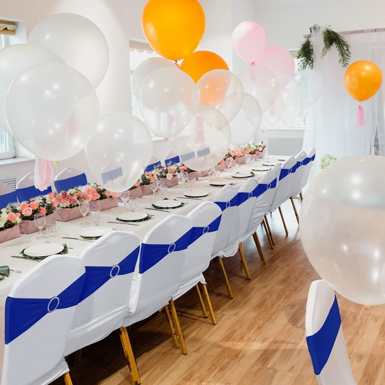 Wholesale 50PCS Premium Spandex Chair Sashes Bows Stretch Chair Ties with Buckle Slider Universal Elastic for Wedding Party Banquet Decoration Royal Blue Supplier