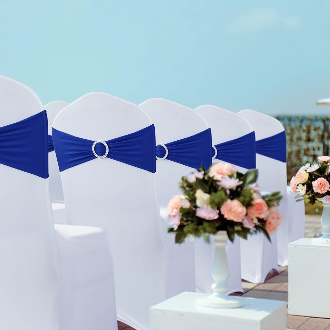 Wholesale 50PCS Premium Spandex Chair Sashes Bows Stretch Chair Ties with Buckle Slider Universal Elastic for Wedding Party Banquet Decoration Royal Blue Supplier