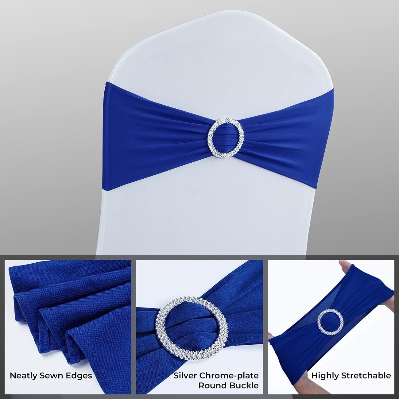 Wholesale 50PCS Premium Spandex Chair Sashes Bows Stretch Chair Ties with Buckle Slider Universal Elastic for Wedding Party Banquet Decoration Royal Blue Supplier