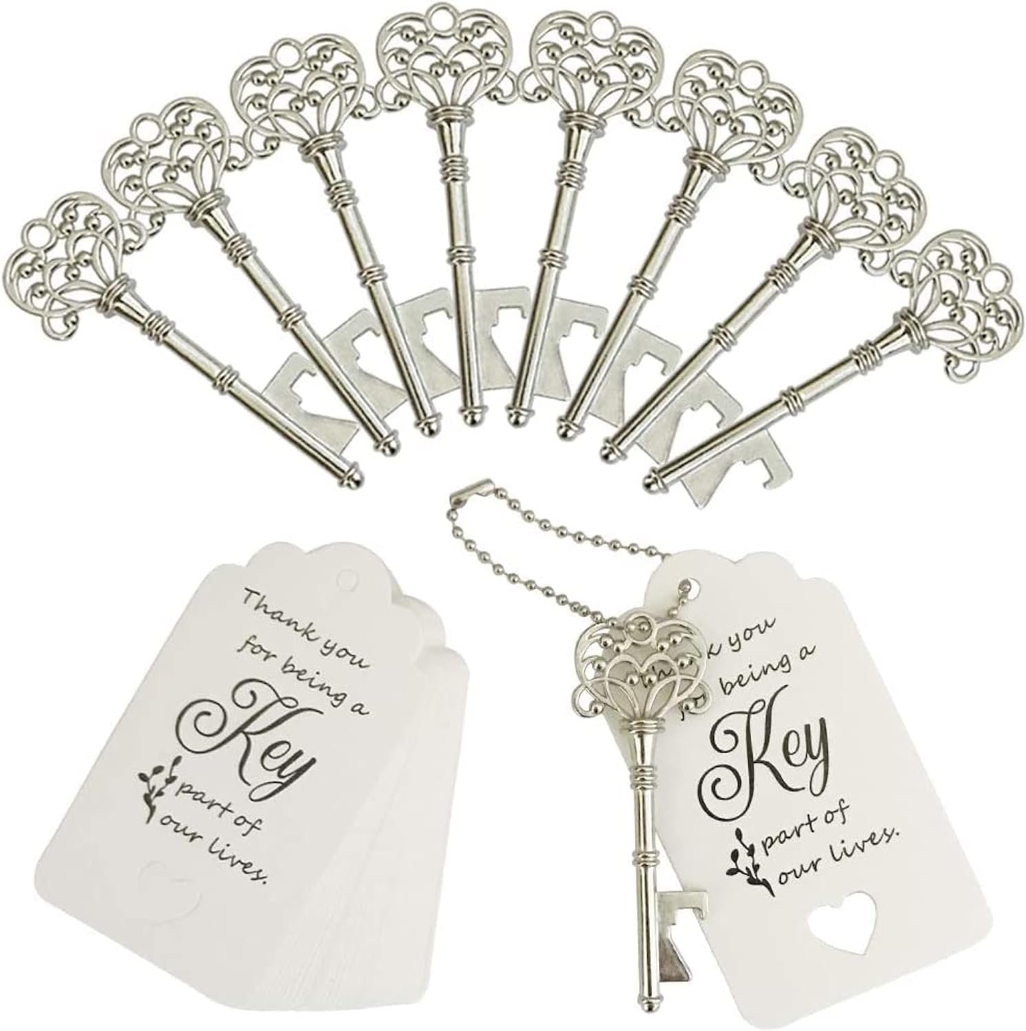 Wholesale 100 PCS Vintage Skeleton Key Bottle Openers Wedding Favors with Escort Tag Cards and Chains Silver Supplier