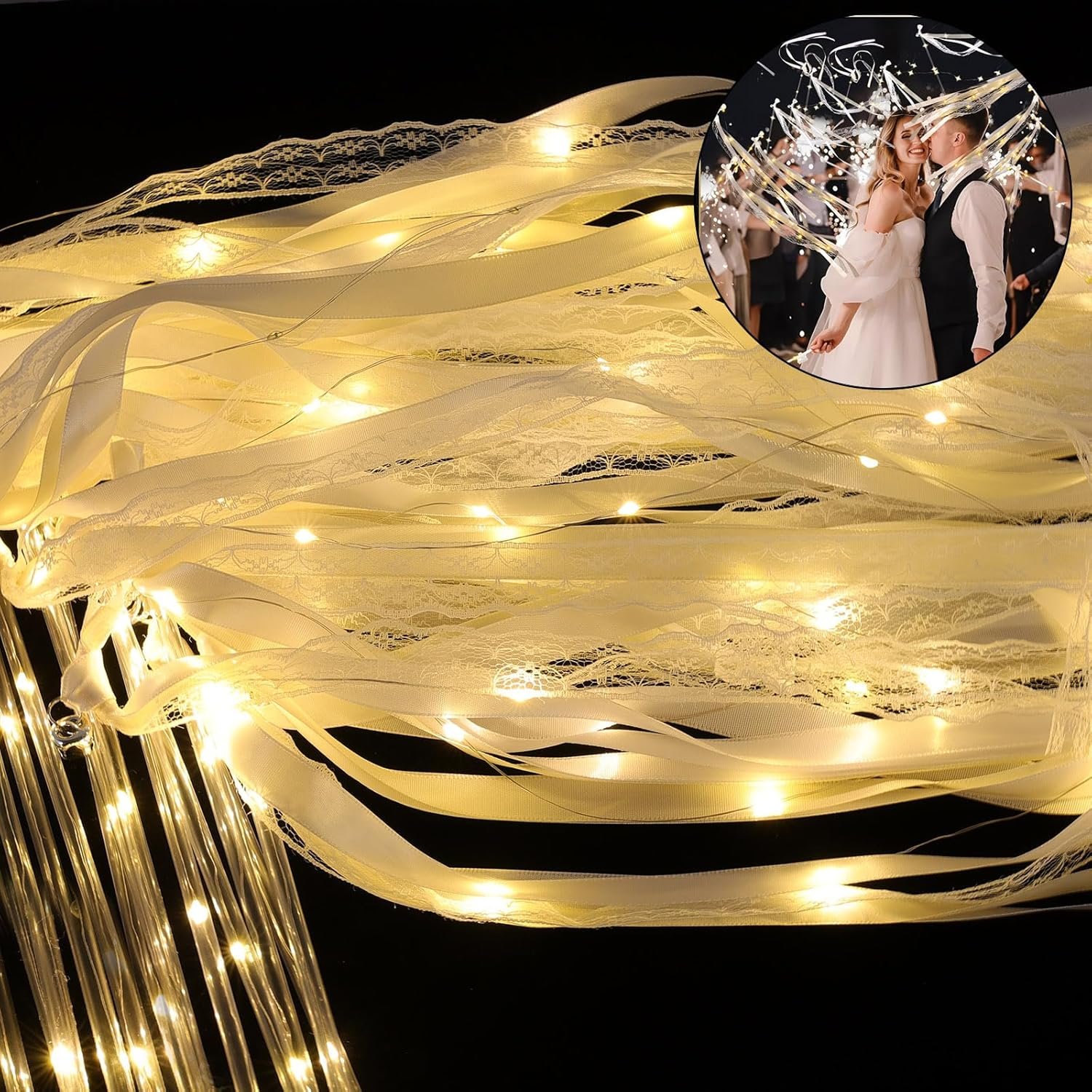 Wholesale 100 Pcs LED Silk Fairy Wedding Wands 3 Colorful Flashing Modes Glow Ribbon Sticks with Bells Warm White for Wedding Graduation Parties Supplier