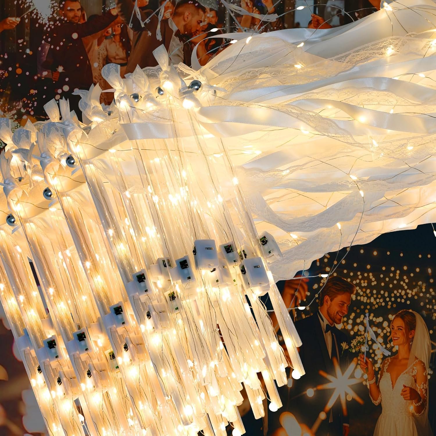 Wholesale 100PCS Light Up Wedding Wands Ribbons Bells Three Light Modes Romantic Sparkle Send Off New Year Birthday Parties Supplier