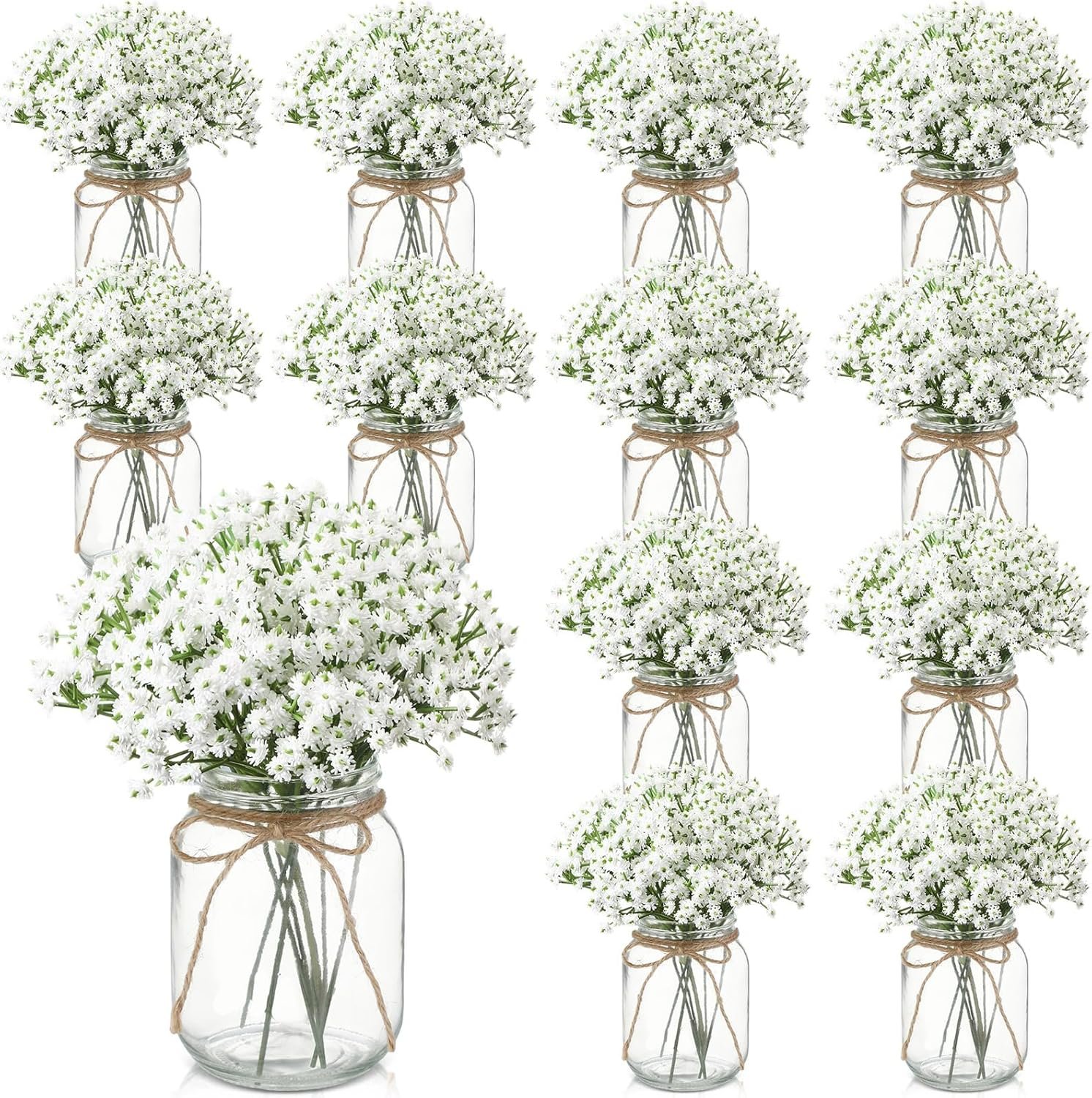 Wholesale 12 Sets Mason Jar Table Centerpieces with Baby's Breath Flowers for Wedding Party Bridal Shower Dining Kitchen Living Room Vase Decor Supplier