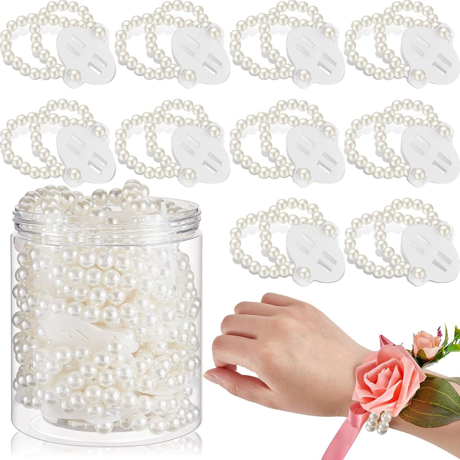 Wholesale 16 Pcs Elastic Pearl Wrist Corsage Bracelets Prom Wedding Wristlets DIY Accessories White Supplier