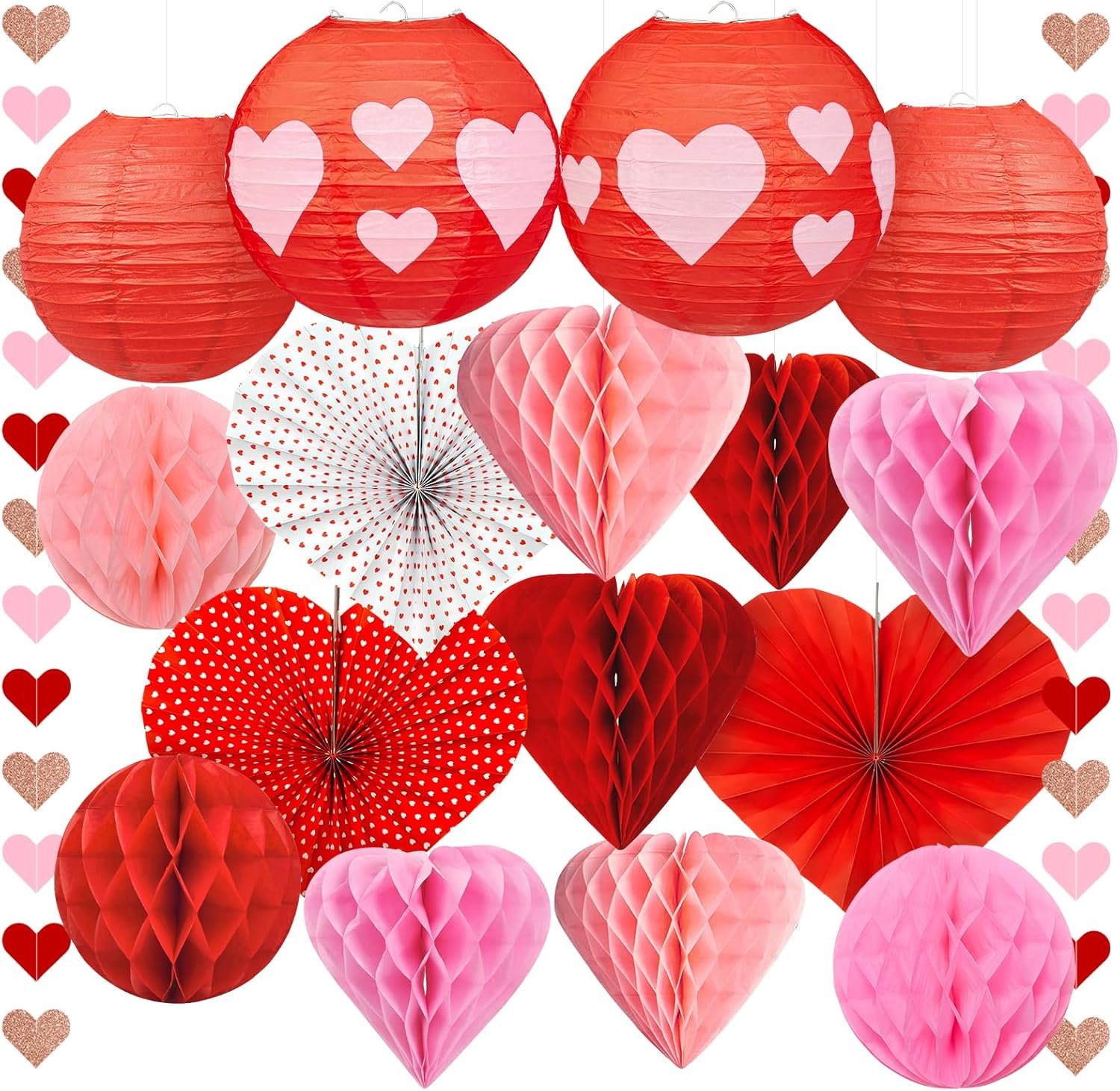 Wholesale 17 Pcs Valentines Day Hanging Ceiling Decorations Honeycomb Hearts Paper Fans Lanterns Red Pink for Office Party Supplier
